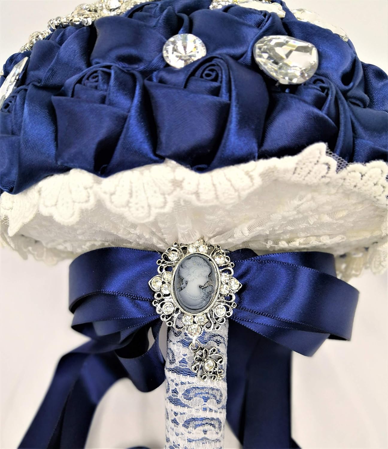 Abbie Home Sparkle Rhinestone Brooch Bouquet - 8 Inch Satin Rose Bouquets Bride Bridesmaids Wedding Flower with Crystal Jewelry Ribbon Décor (Navy)