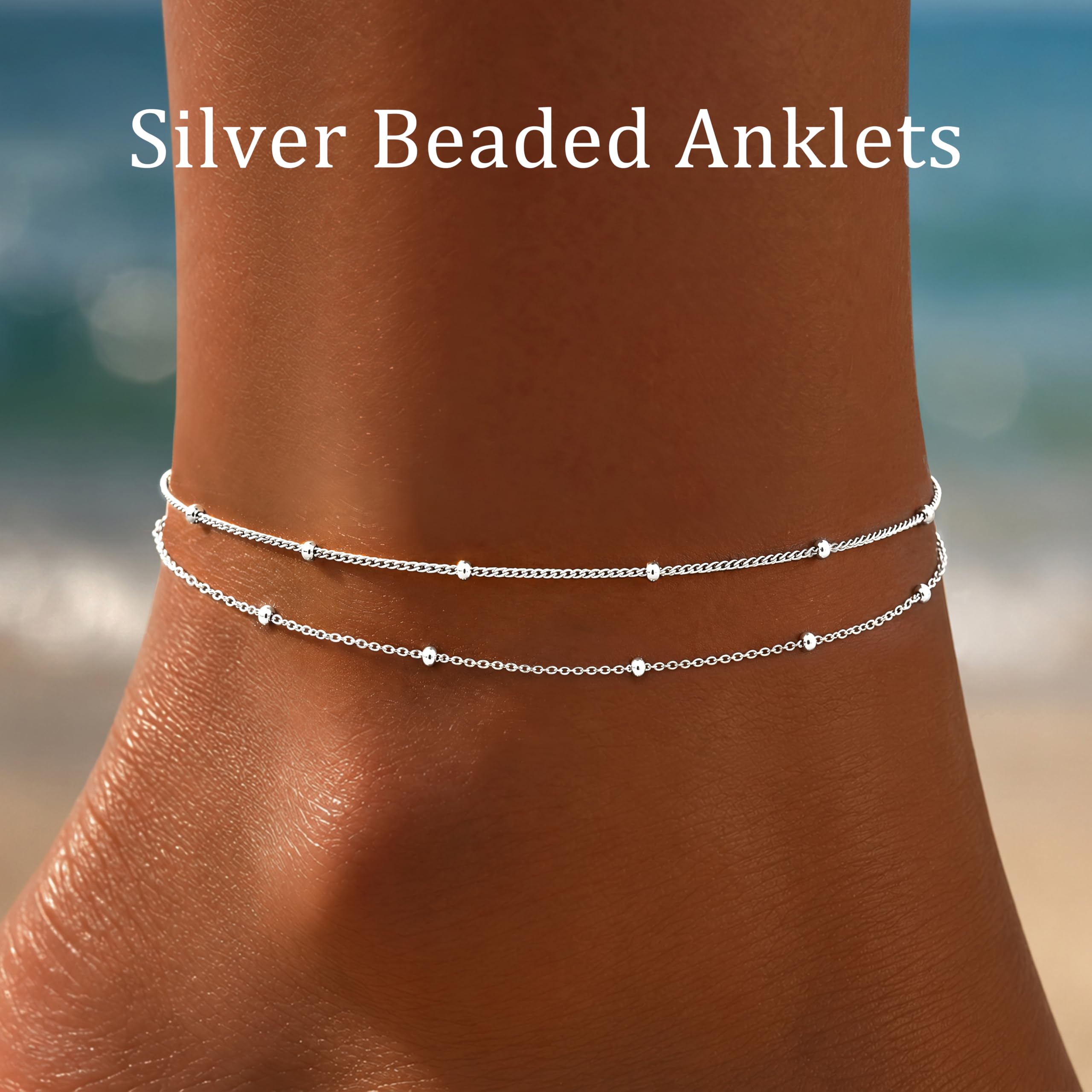 Poxtex Tobilleras de plata de ley para mujer, impermeables, chapadas en plata 925, circonita cúbica y dije de corazón, tobilleras de capa delicada para mujer, modernas, simples, juego de tobilleras de