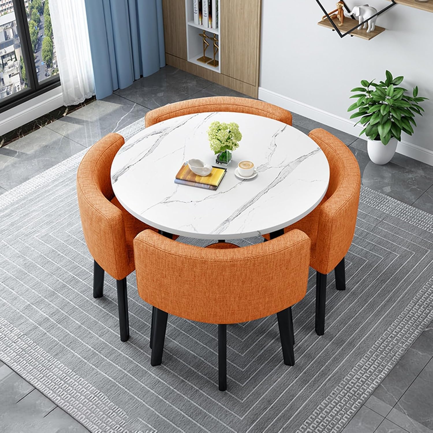 Stylish Modern Round Office Conference Table Set With 4 Dark Gray Leather Chairs Ideal For Office Reception Meeting Room And Negotiation Stylish And Functional Furniture ,Orange-Fabric chair