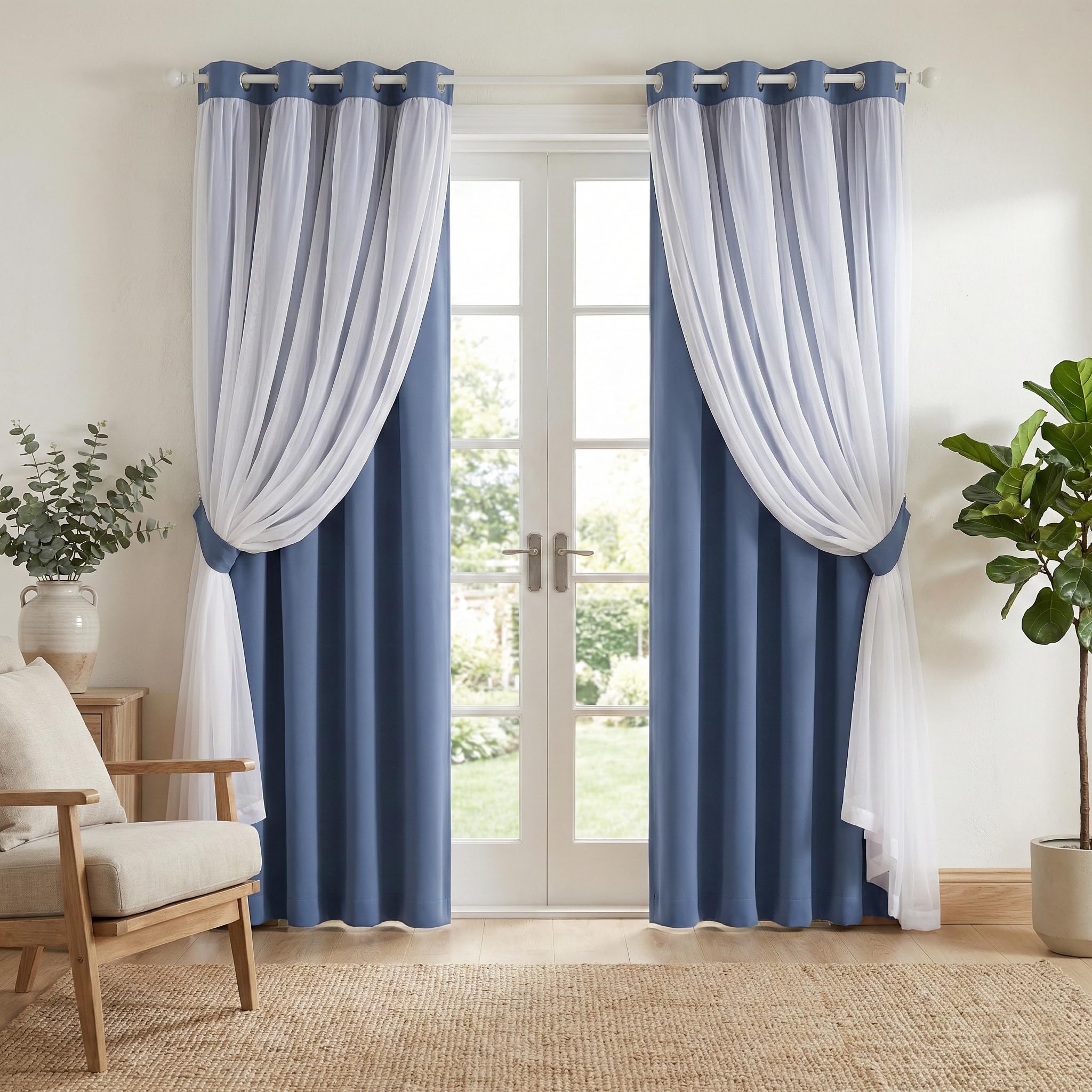 PONY DANCE Double Layers Curtains for Living Room, 52-inch Wide