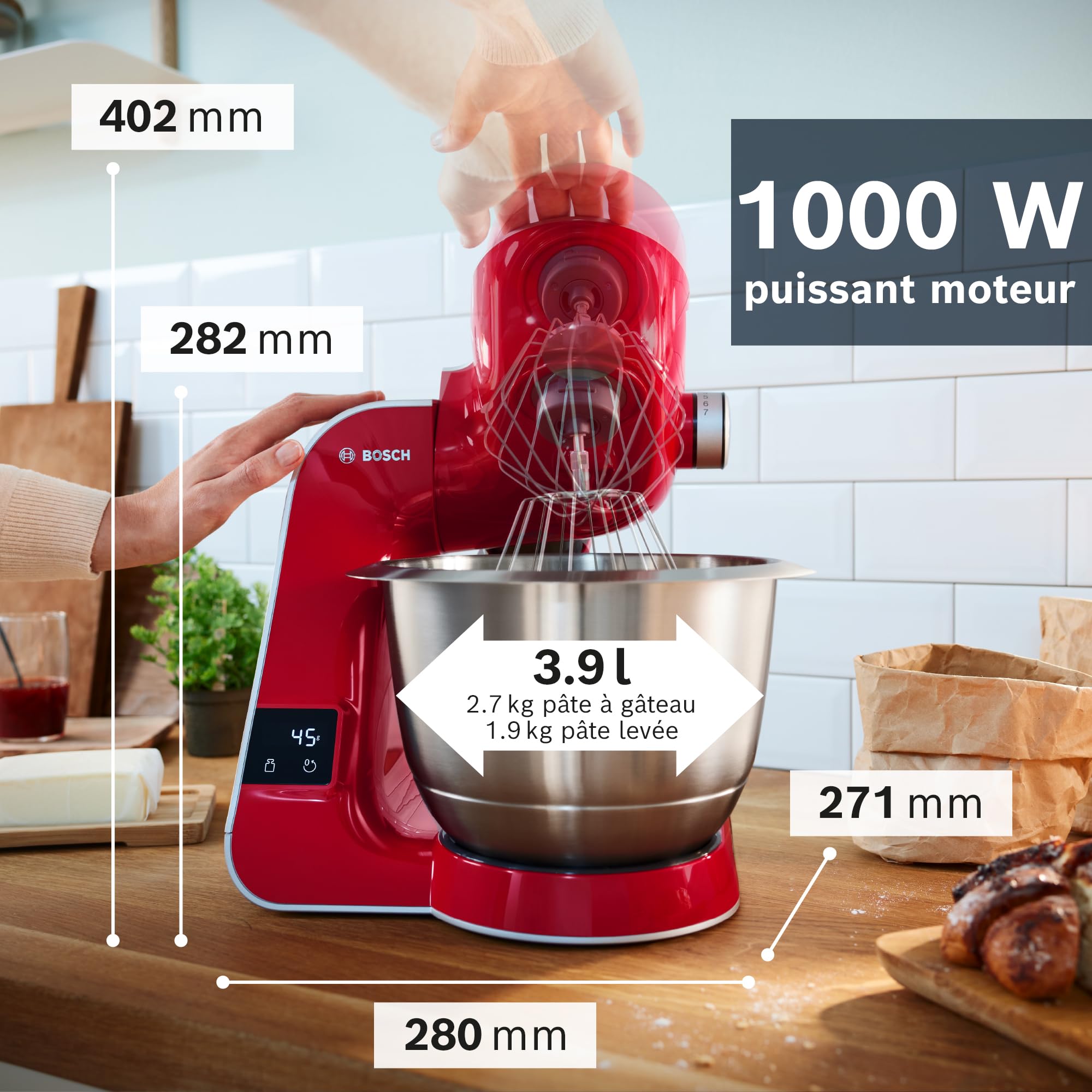 Bosch Küchenmaschine Serie 4, integrierte Waage, Edelstahl-Schüssel 3,9 L, Mixer 1,25 L, Kunststoff-Schüssel, spülmaschinenfest, 3x Rührelemente, Durchlaufschnitzler, 1000 W, Dunkelrot, MUM5X734
