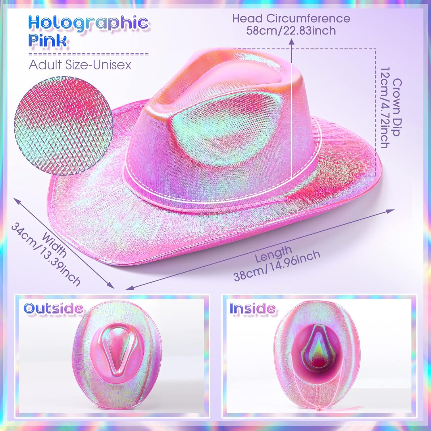 Coume 12 Pcs Cowboy Hat Sparkly Glitter Neon Cowgirl Hat for Women Holographic Space Cap for Bachelor Western Cowboy Party - Image 3