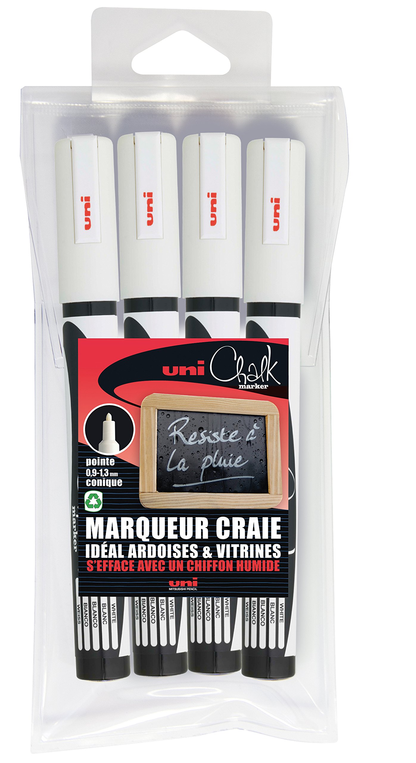 Uni-BALL - Pennarelli a gesso a pasta conica fine CHALK Marker PWE3MS/4, 0,9 - 1,3 mm, colore: Bianco