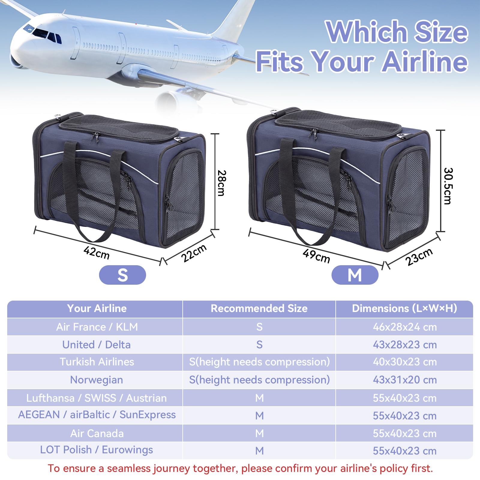 Petsfit Sac de Transport pour Chat Chien avec 2 Coussins - Caisse de Transport Pliable Bandoulière Démontable Lavable, pour Voyage Avion, Voiture, S/Bleu