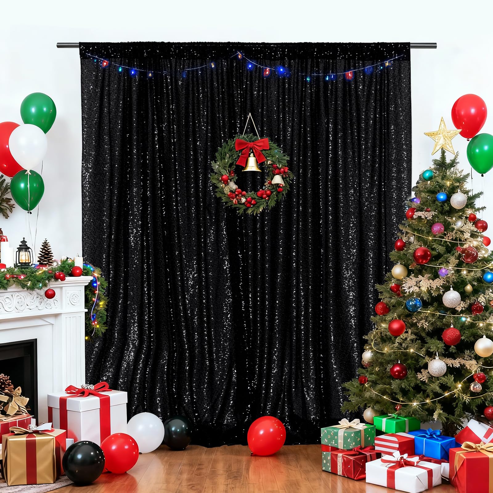 PartyDelight Black Sequin Backdrop 6x7ft - High Density 3mm Shimmer Sequin Background with 4-Inch Rod Pocket, Sparkly Photography Curtain for Birthday