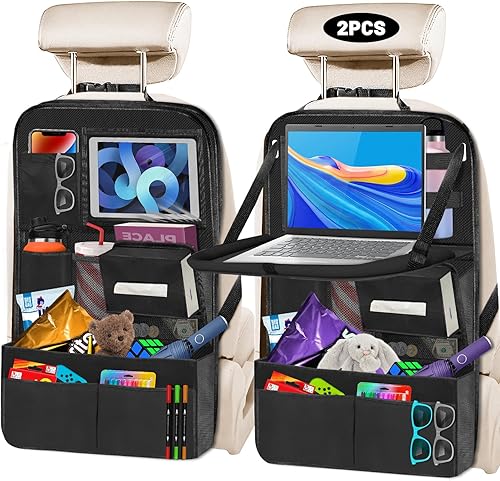 Organizador de asiento trasero de automóvil con bandeja de mesa, organizador de almacenamiento de 12 bolsillos con soporte para tableta, organizador