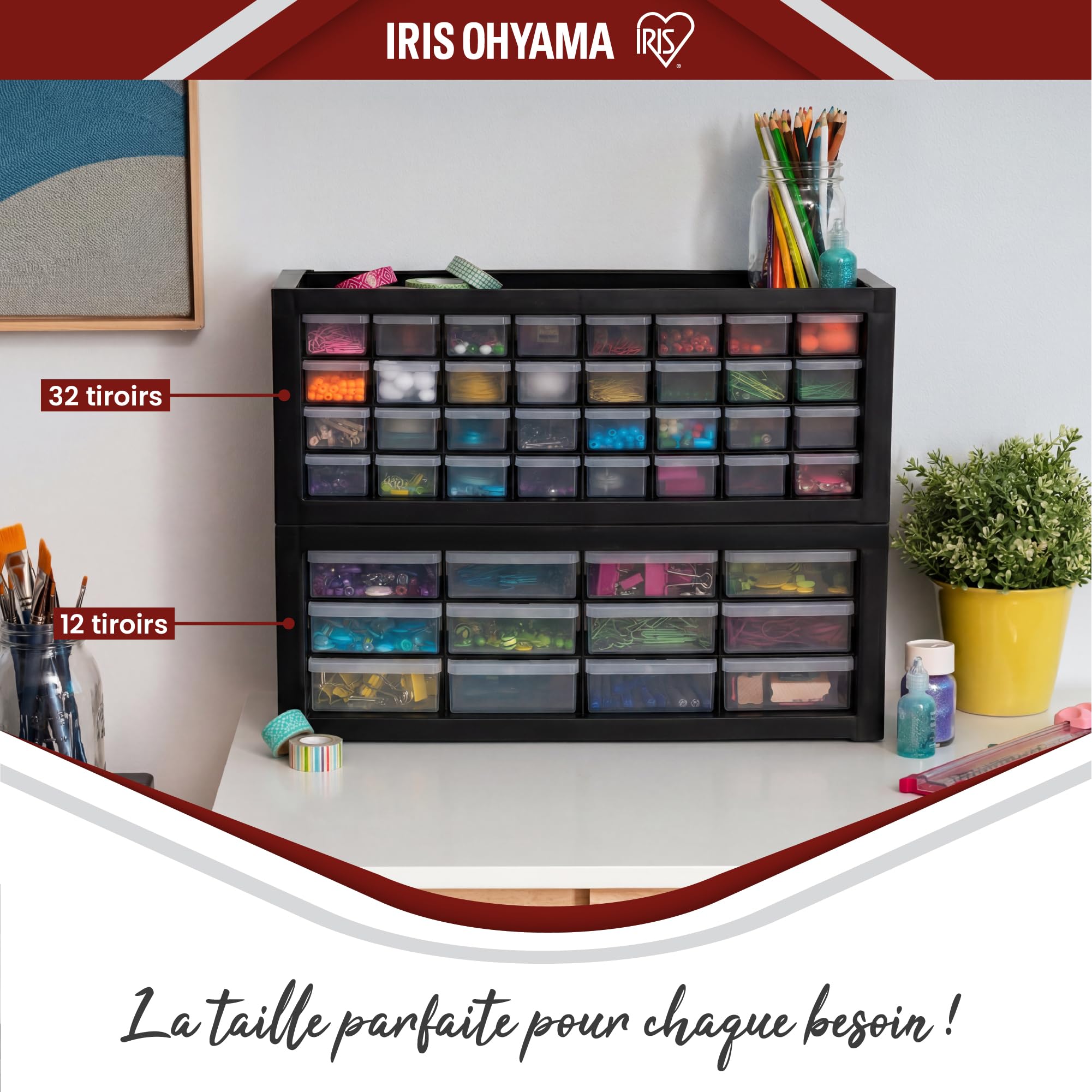 Iris Ohyama, Set de 2 Casiers de Rangement Vis, 32 Tiroirs, Empilable, Fixation Murale, Butée de Tiroir, Polyvalent, Quincaillerie, Bricolage, sans BPA, Compartiments, DPC-32