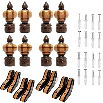 PARAS | Luxury Wooden Curtain Bracket with Finials (8 Finial and 8 Support) for 25 mm/Rod 1 inch
