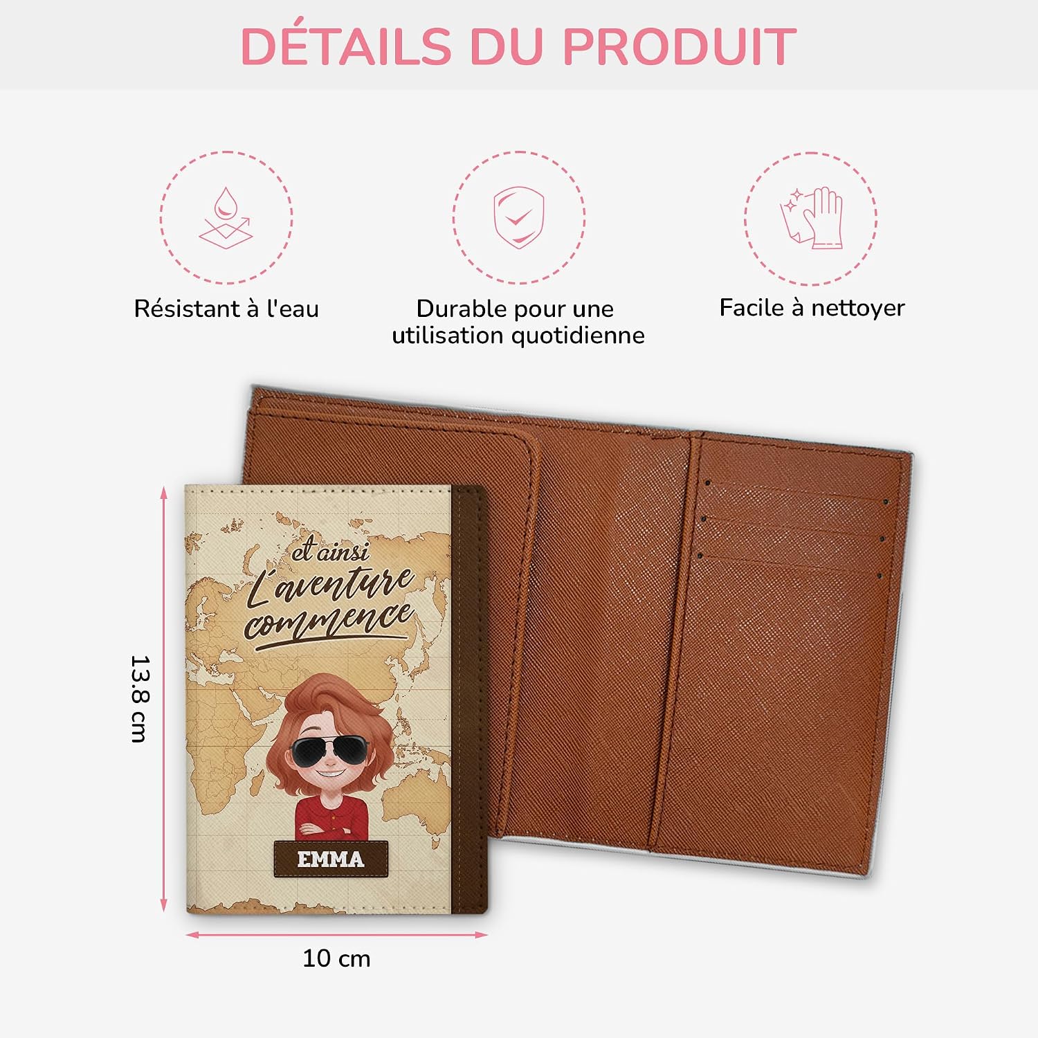 Porte-Passeport Personnalisé Cuir PU – Design Cartoon Carte – Housse Passeport Gravé Nom – Idéal Voyage & Cadeau Femme, Anniversaire, Fête Des Mères
