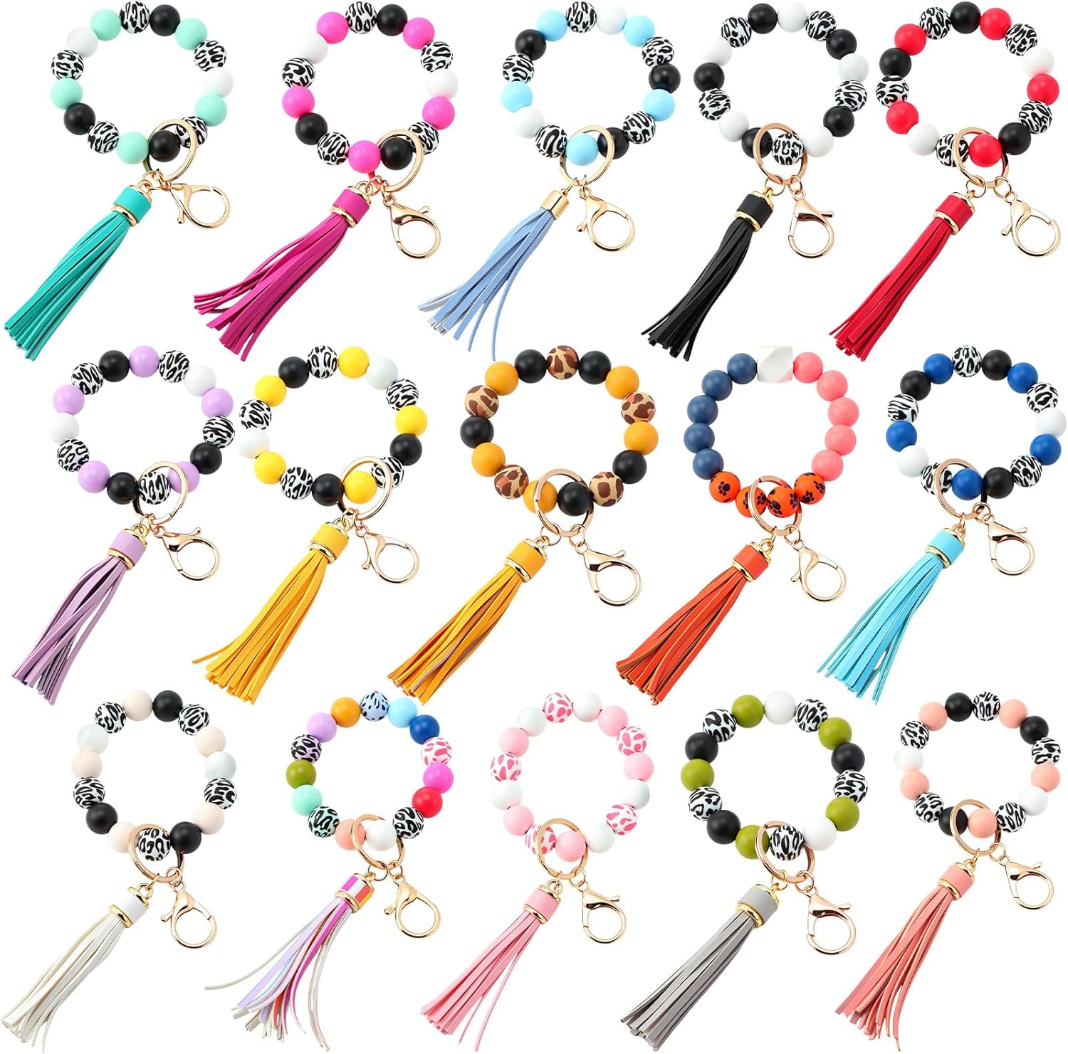 Misdary 15-Pack Silicone Beaded Keychain Wristlets for Women - Tassel Bracelet Key Ring Holder, Multi-Color Durable Bangle
