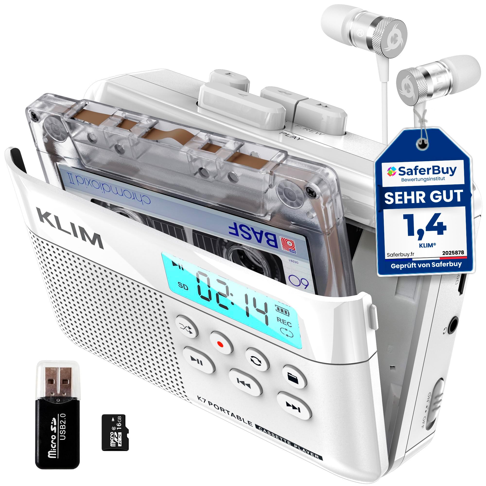 Kassettenspieler - Kassettenrekorder - Cassette Gerät - Kassetten Digitalisieren - Tragbarer Kassettenrekorder - Mikrofon & Lautsprecher - Wiederaufladbarer Aufladbar - Stereoausgang - 16GB SD-Karte