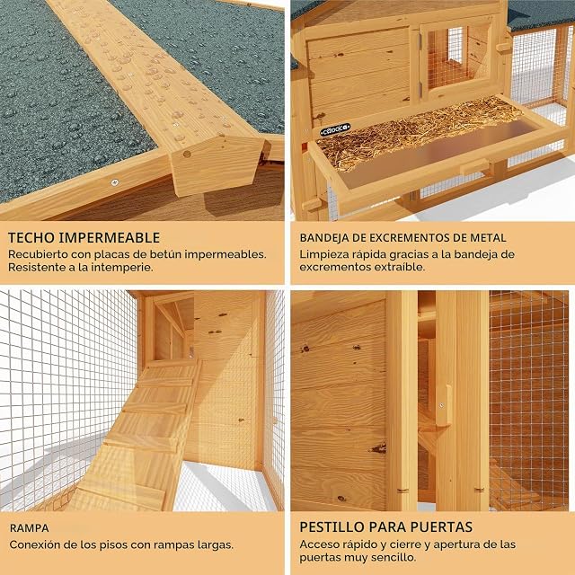 Foto 4 de 7 de CADOCA® Conejera de Madera, 2 Pisos, 204x45x84cm, Casa Conejos Mascotas Pequeñas, Bandeja Extraíble, 2 Rampas