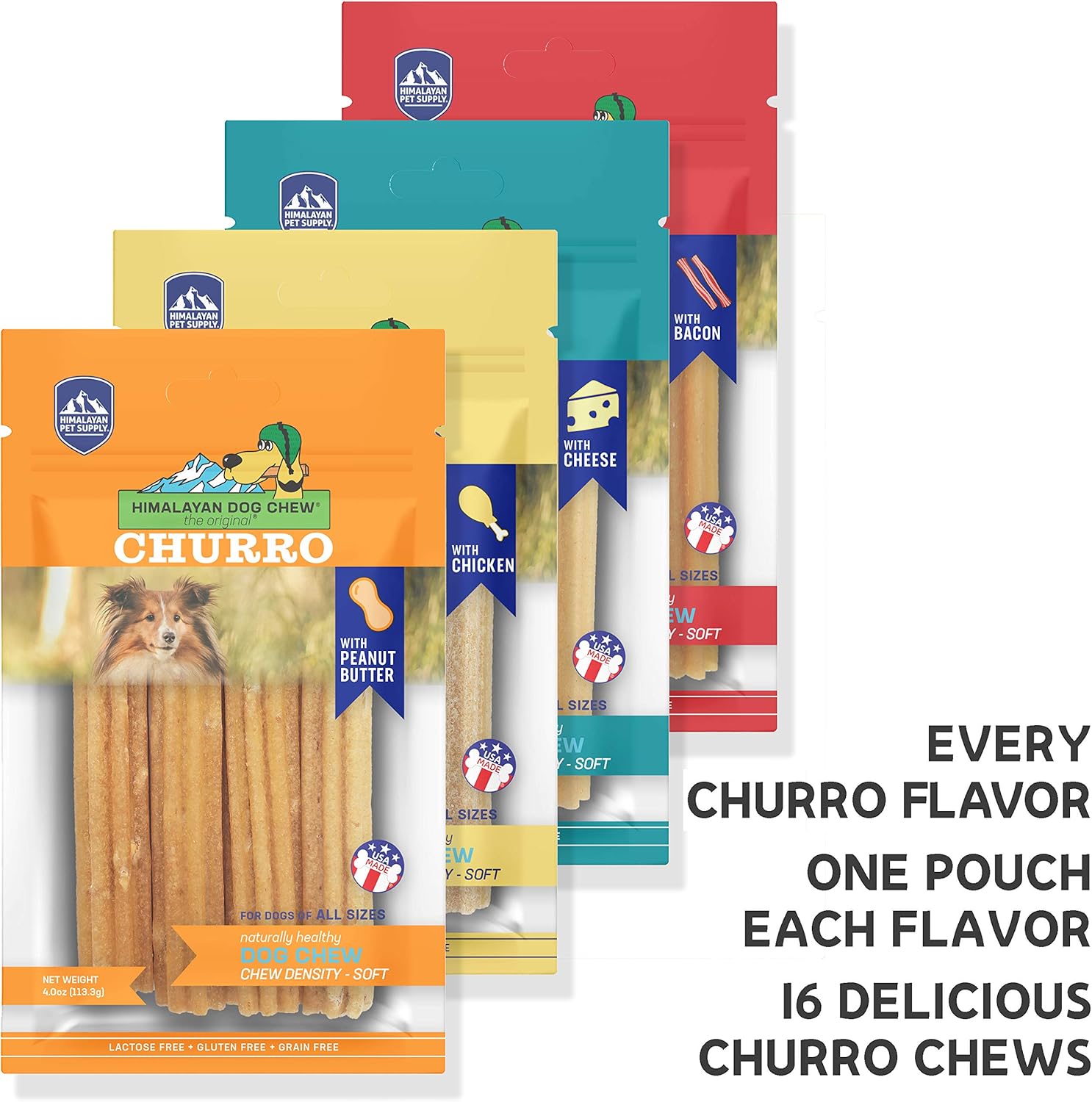 yakyCHURRO Himalayan Cheese Treats | Lactose Free - Gluten Free - Wheat Free -Soy Free| USA Made | All Flavors - Cheese-Chicken-Peanut-Bacon | 4 Resealable Pouches