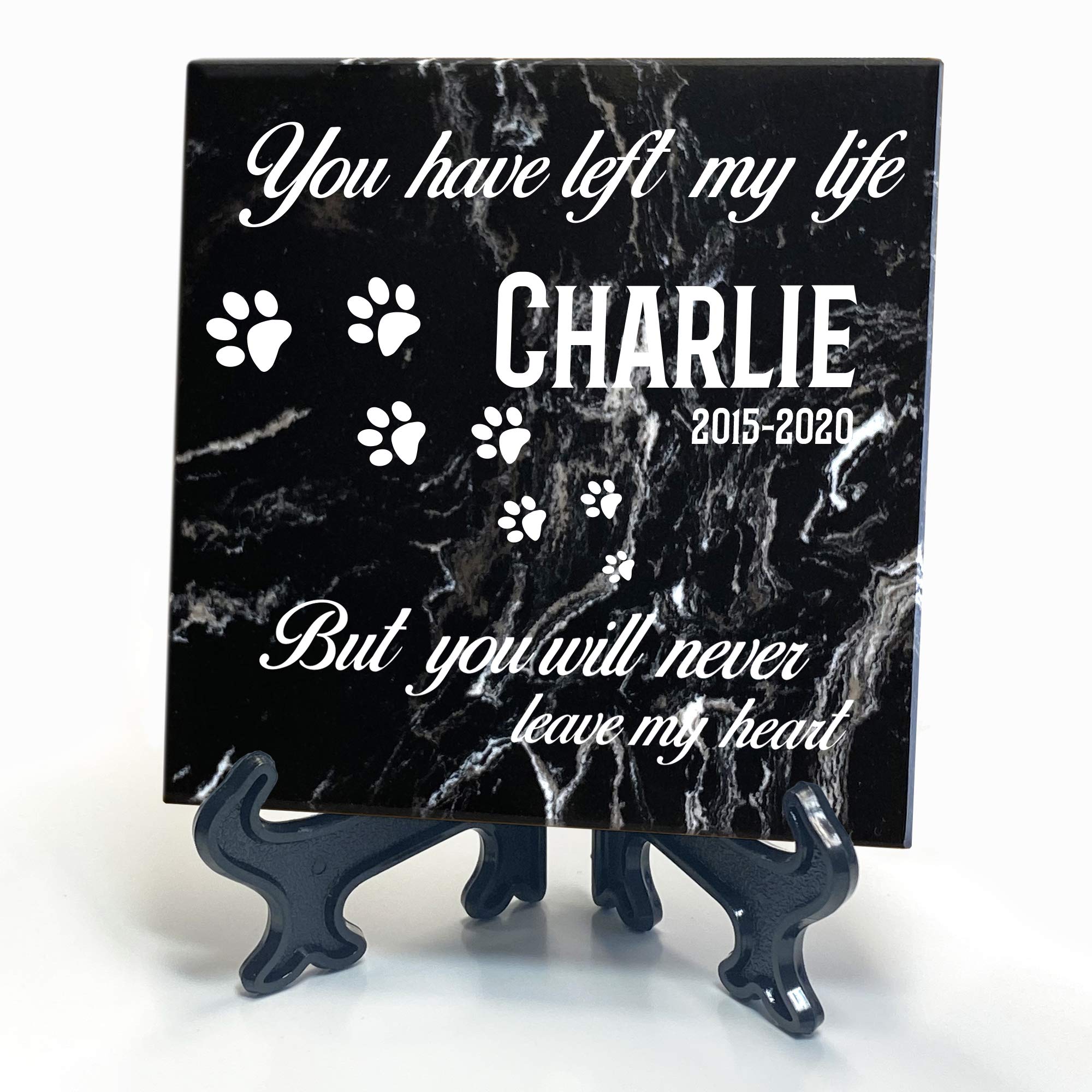 TULLUN Personalized Memorial Black Marble Stone Plaque + Stand for Pet Cat Dog Frame Paw Grave Marker - Paw Print - Size | 4