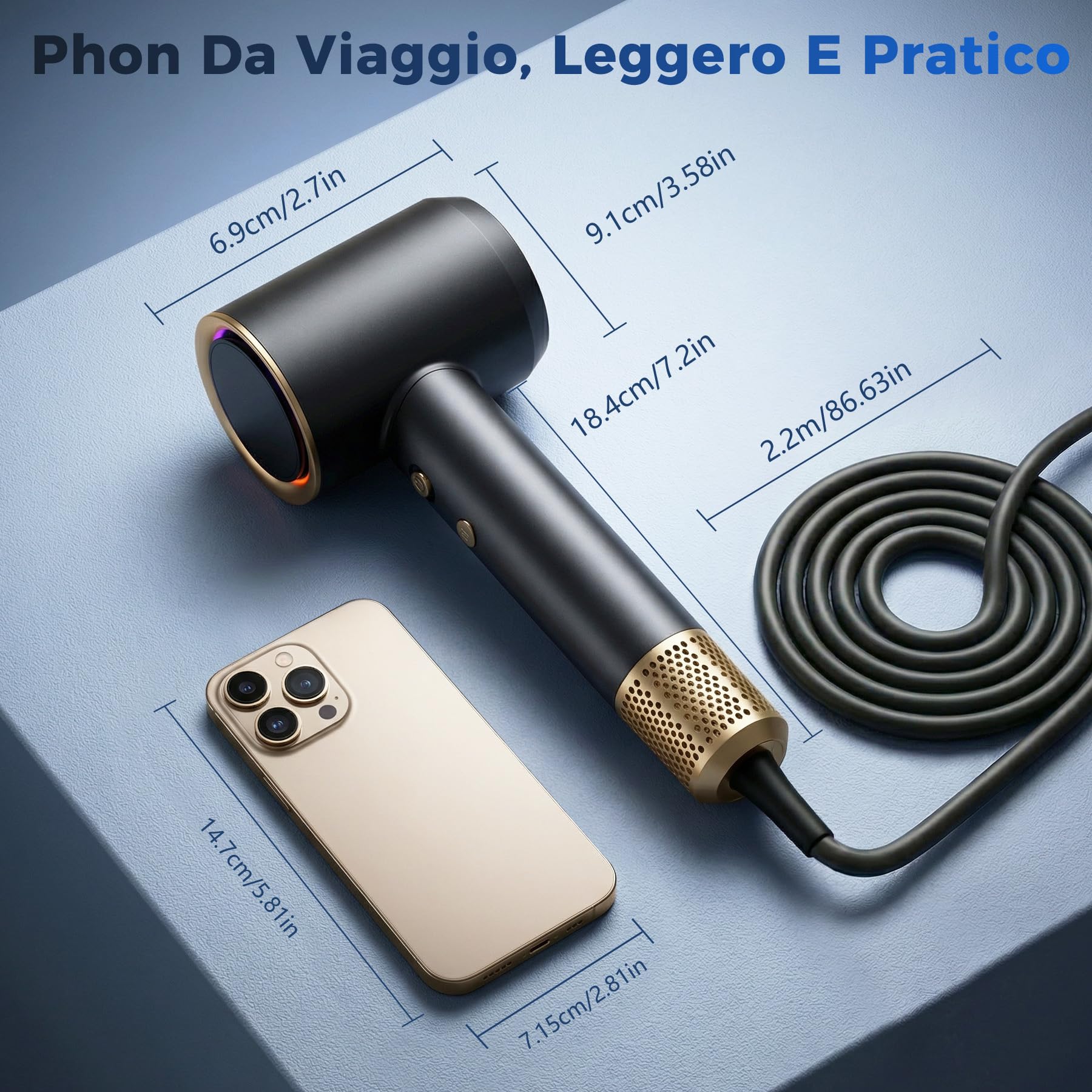 Asciugacapelli Ionico, Phon Capelli Ionico Professionale 110.000 Giri/min Phon Portatile Potente 3 Temperature 2 Velocità con Concentratore
