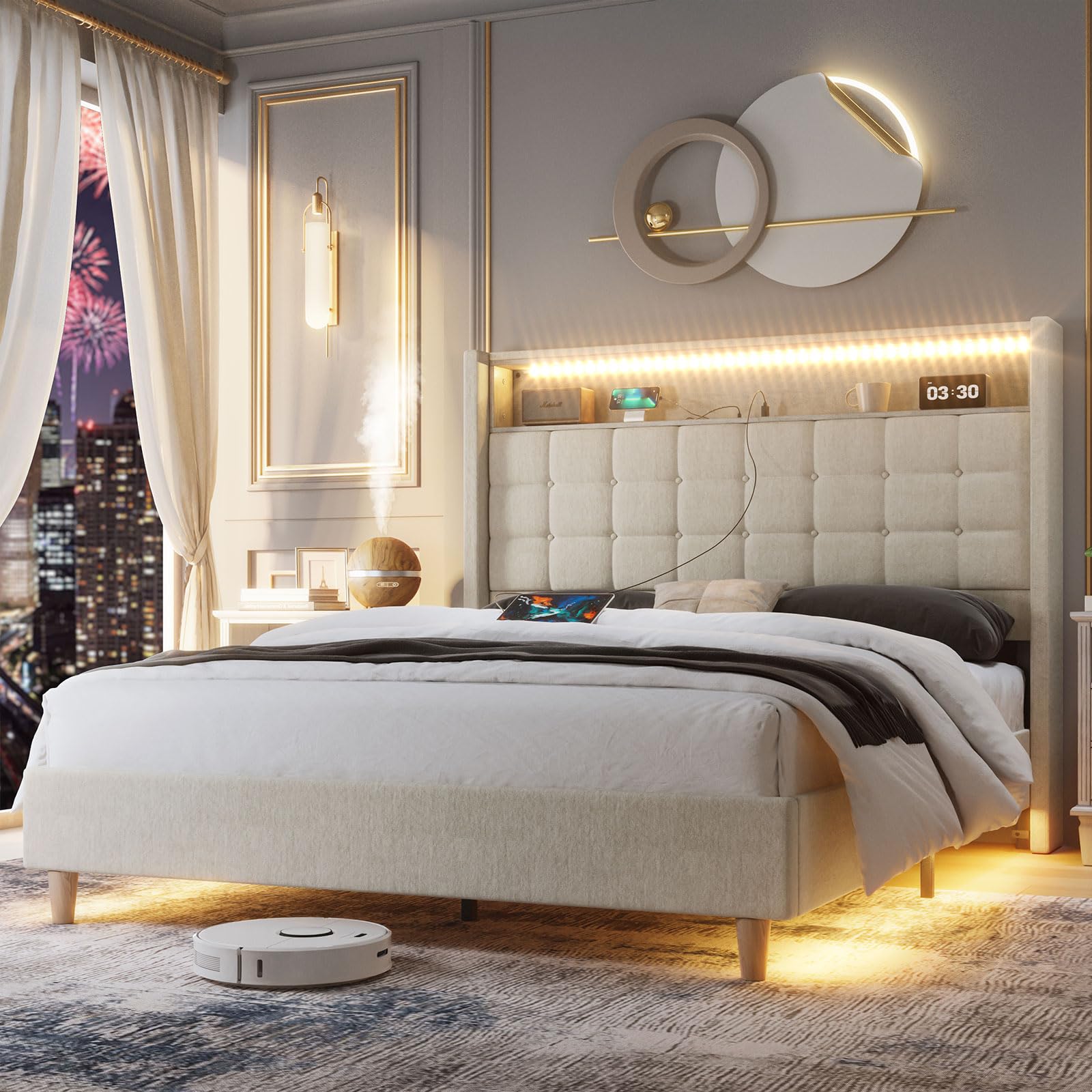 EcoHarbor Led Bed Frame Queen Size with Charging Station, Camas Upholstered Bed with Tall Storage Headboard, Motion-Sensing Night Light/No Box Spring Needed/Easy Assembly/Noise Free (Cream)