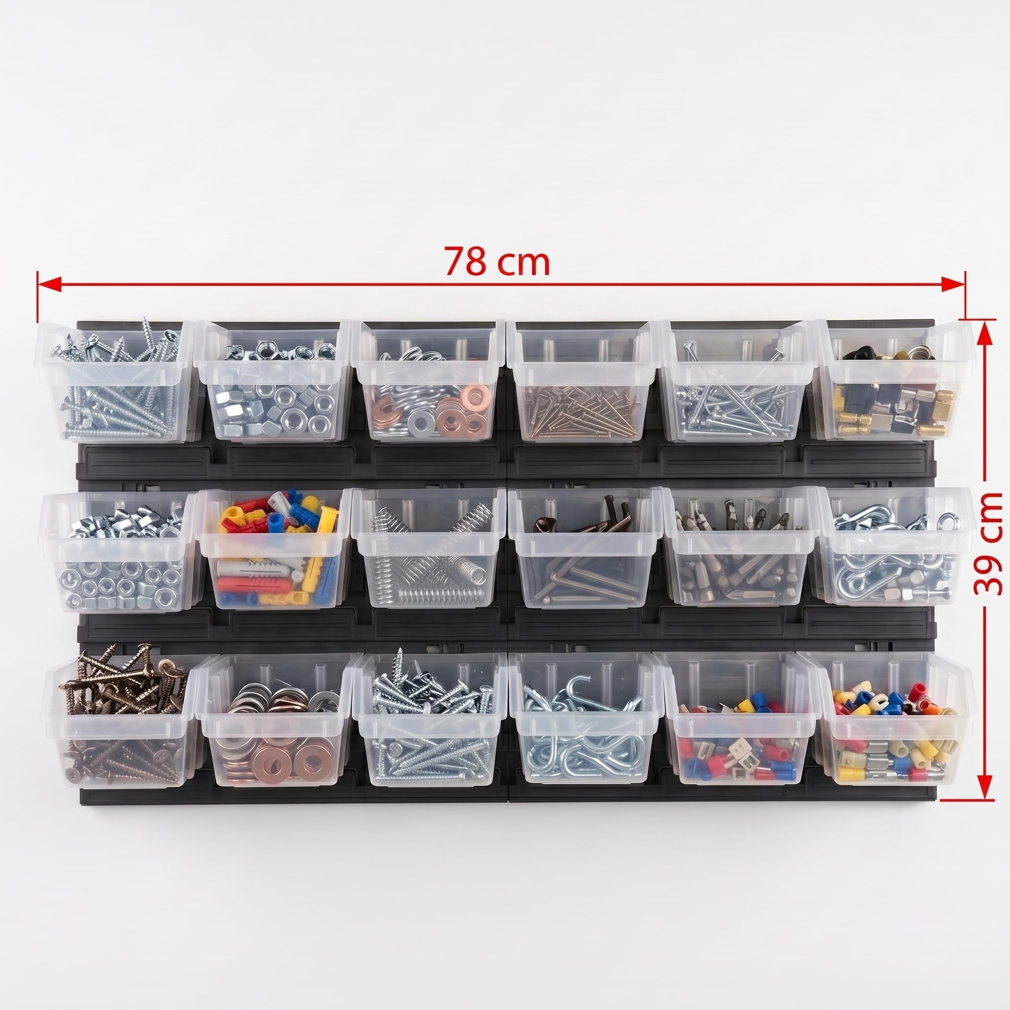 Étagère murale d'atelier avec 18 boîtes de tri transparentes, système de rangement pour vis, écrous et petites pièces, plastique, 78 x 39 cm, boîtes 190 x 123 x 90 mm, jusqu'à 20 kg, pour garage