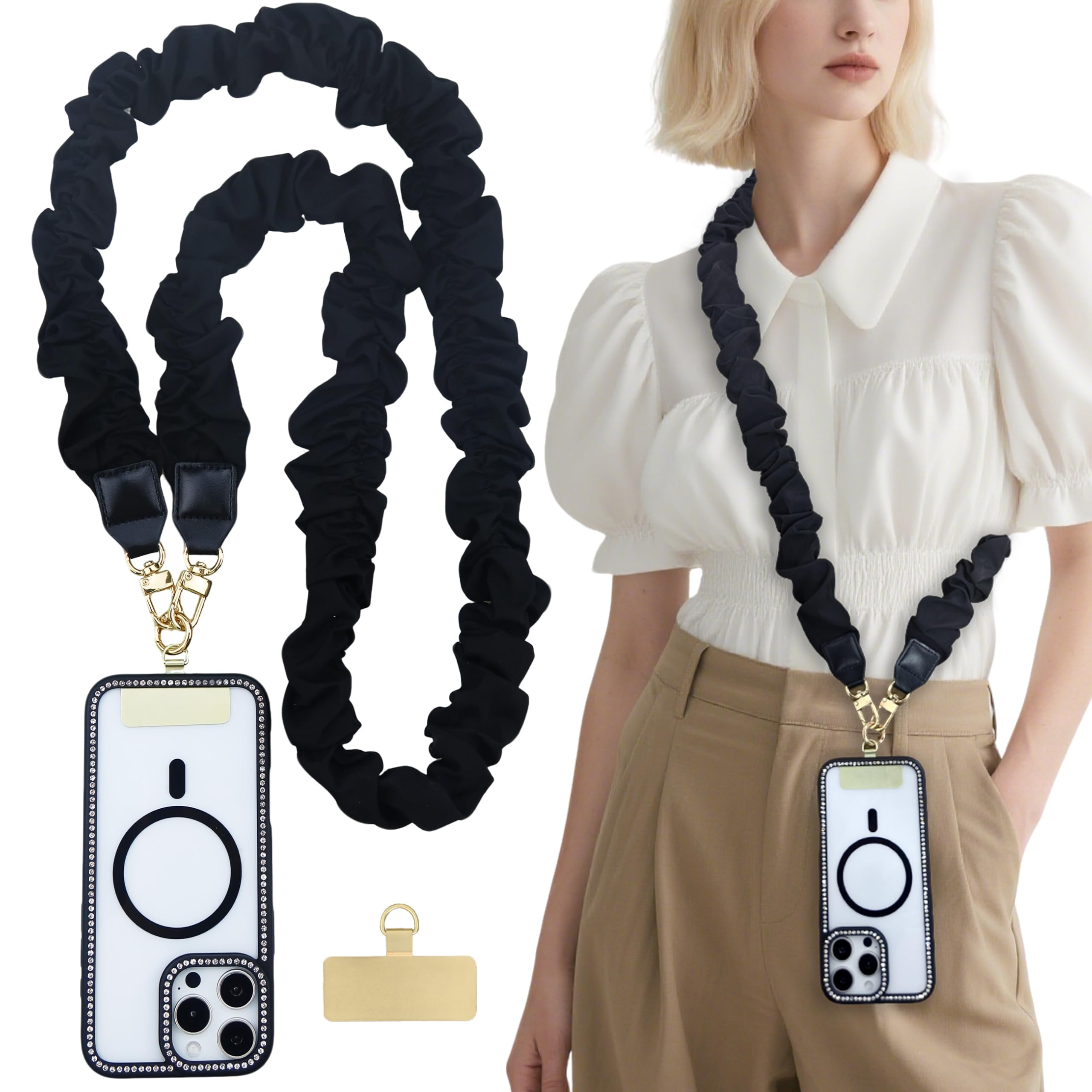 Vxhinqy Scrunchie Phone Strap Crossbody Women, Cute Cell Phone Lanyard Crossbody for all Smartphone (Black)