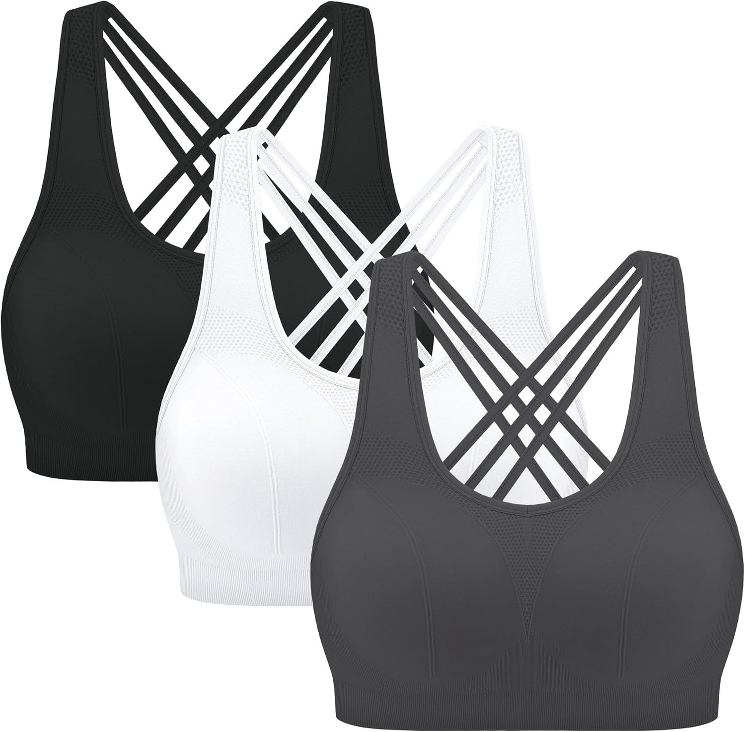 MIRITY Strappy Sports Bra for Women - Padded Seamless Support for Yoga Gym Workout Fitness Pack of 3 Color 3 Size X-Large