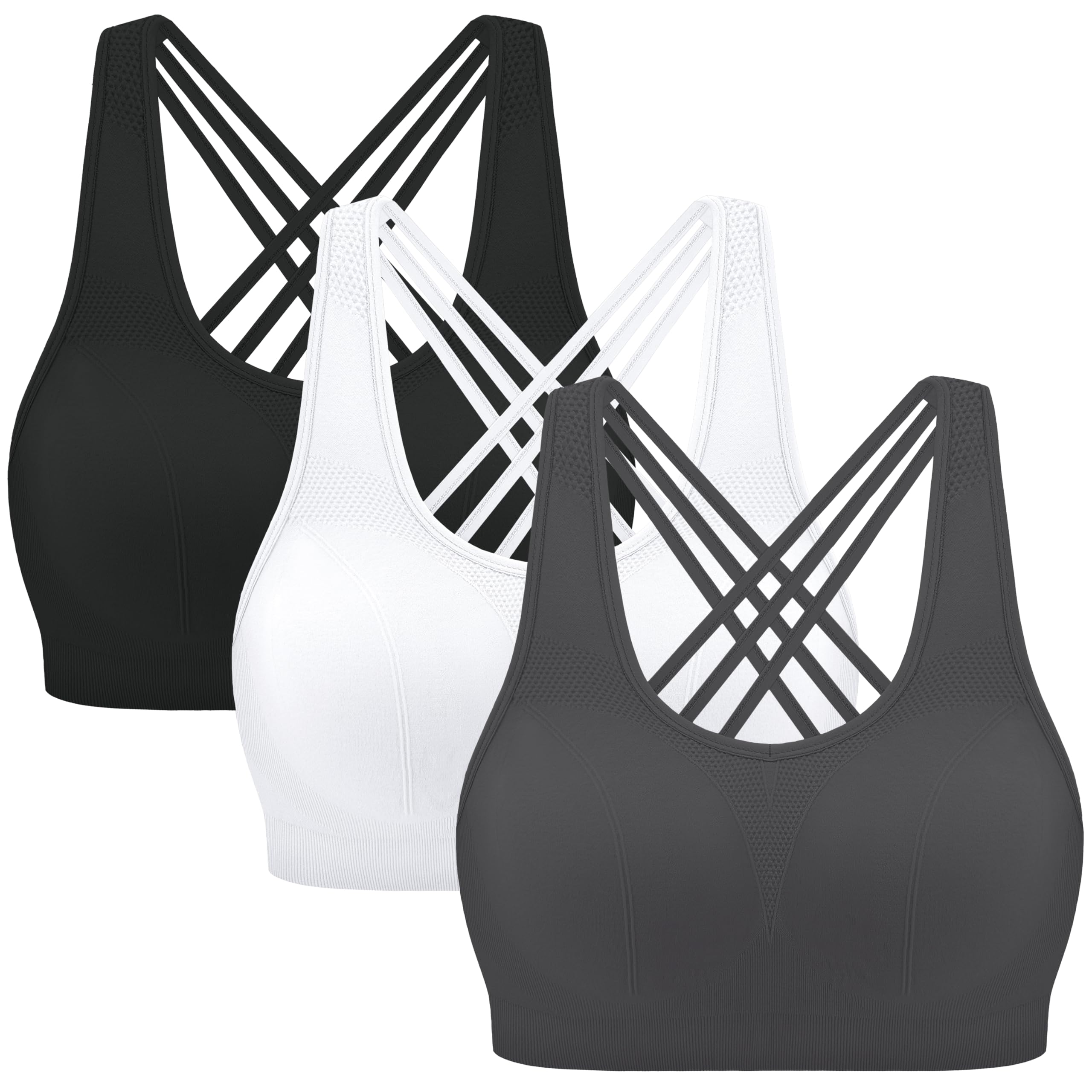 MIRITY Strappy Sports Bra for Women - Padded Seamless Support for Yoga Gym Workout Fitness Pack of 3