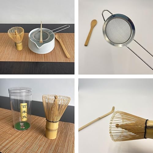 Miniatura 3 de Juego de batidor de matcha juego de 4 piezas para principiantes de matcha, incluyendo un batidor de bambú tradicional, cuchara, tamiz de té y