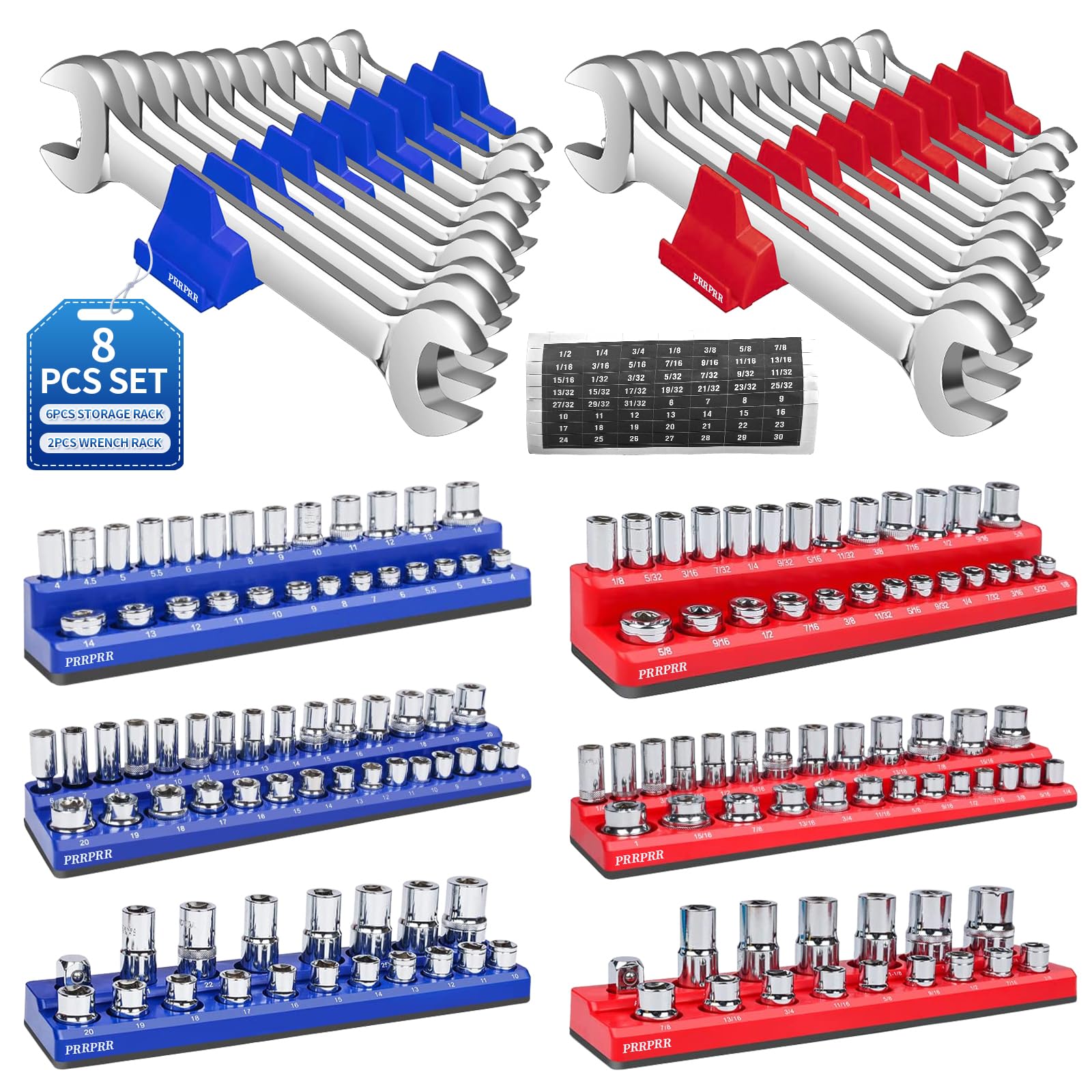 Magnetic Socket Organizer Set, 8PCS Socket Holder with 6 Socket Trays & 2 Wrench Racks, Metric & SAE Tool Box Organizer 1/4", 3/8", 1/2" for Garage, Toolbox, Workbench(Socket, Wrench not Included)