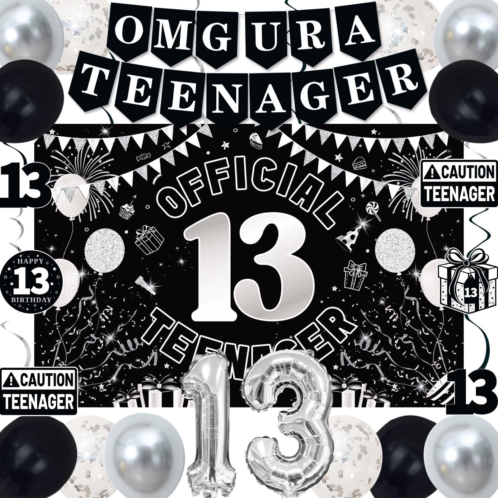 13th Birthday Decorations for Boys Girls, Black White Omg Ur A Teenager Birthday Party Decorations, Official 13 Teenager Backdrop, Foil Balloons 13,
