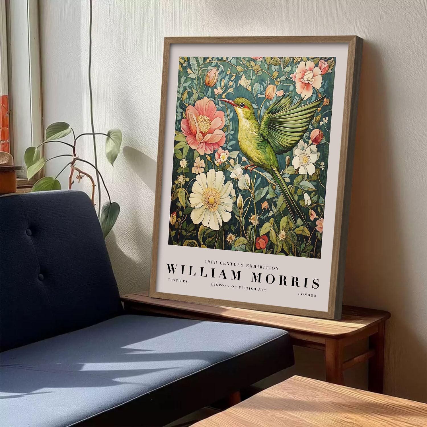Framed Vintage Morris-Inspired Hummingbird Wall Art, Botanical Bird Canvas Print for Living Room Bathroom Office, 12x16 Inch, Ready to Hang