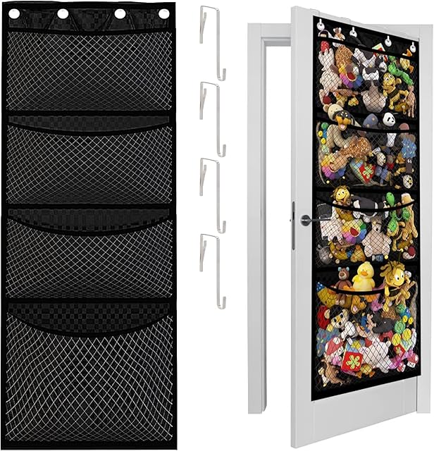Hanging Organiser Over the Door, Extra Large Foldable Hanging Storage with 4 Mesh Pockets 4 Over Door Hooks for Stuffies, Baby Accessories, Plush Toy, Wallets, Bags(167*60CM)