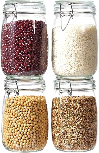 Paquete de 4 tarros de almacenamiento de alimentos de 34 onzas con tapas herméticas, recipientes de vidrio de cierre de clip de alambre para