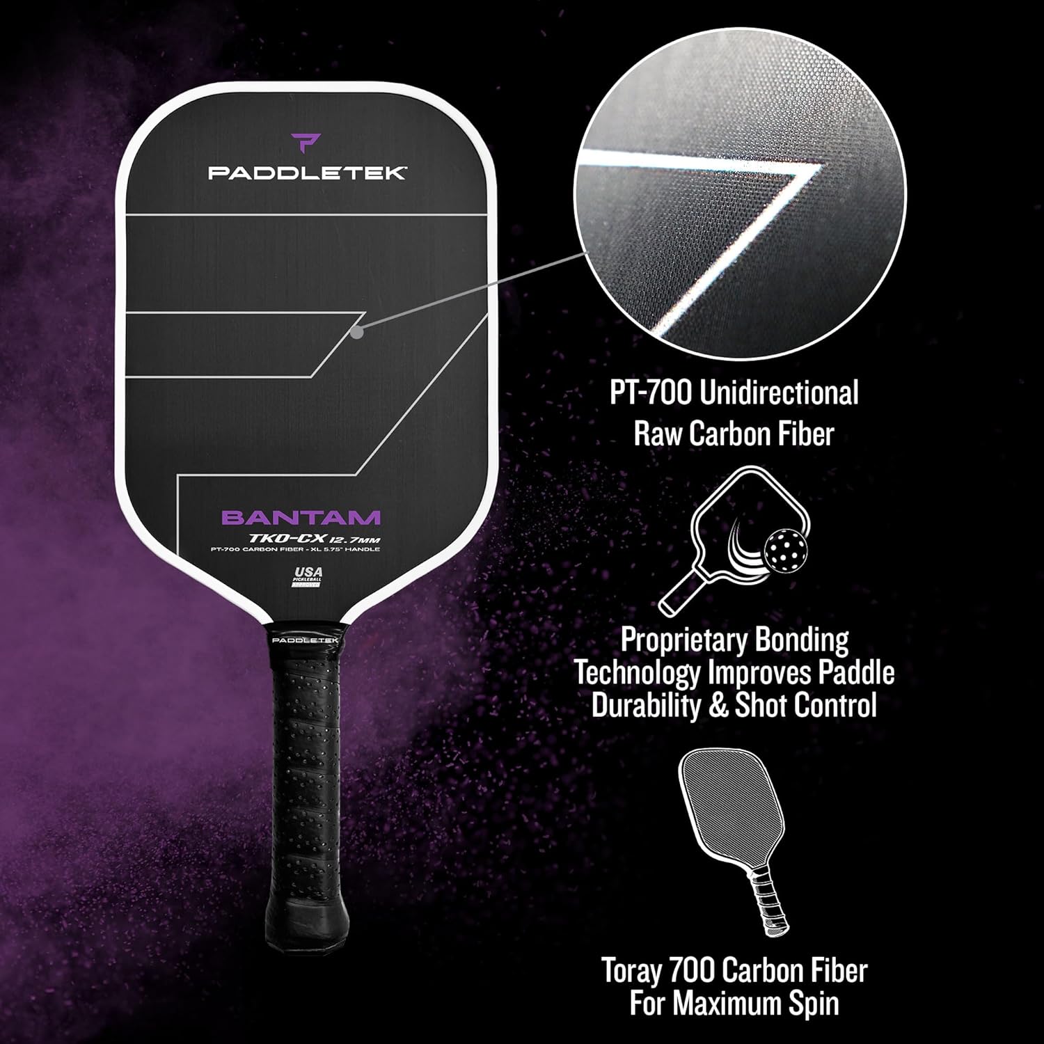 Paddletek Bantam TKO-CX 12.7mm Pickleball Paddles with Polymer Honeycomb Core - Unidirectional Carbon Fiber – Torsional Weighting & High Tack Performance Grip - USAPA Approved - 5.75 Inch Handle - Image 5