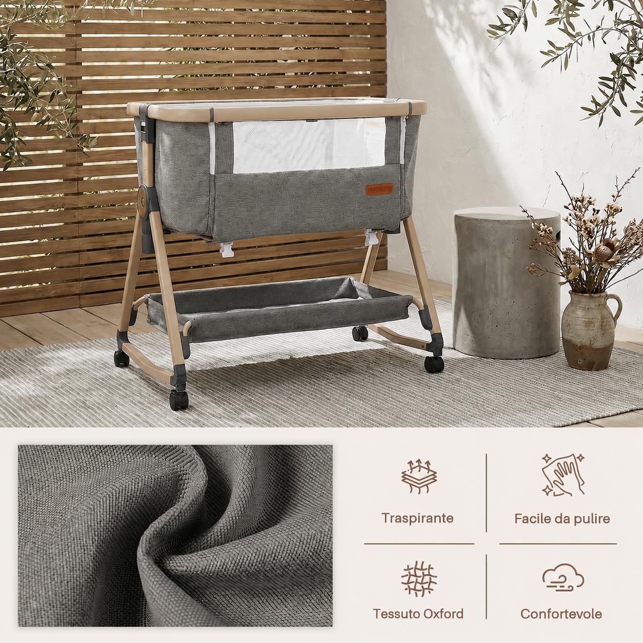 Maydolly Beistellbett 3 in 1 Lettino Portatile per Bambini con Rete Traspirante e Lenzuolo, Carrozzina Regolabile Lettino. (grigio)