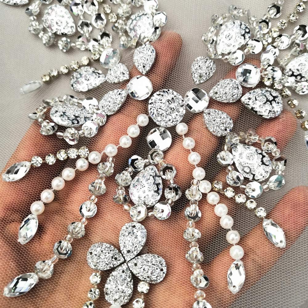 Sparkle Beaded V-Neck Silver Color Bling Sew On Neckline Sequin Rhinestones Crystal Trim Bridal Applique Design Patch Sewing for Wedding Dresses DIY Craft 12x15 Inch (Silver)