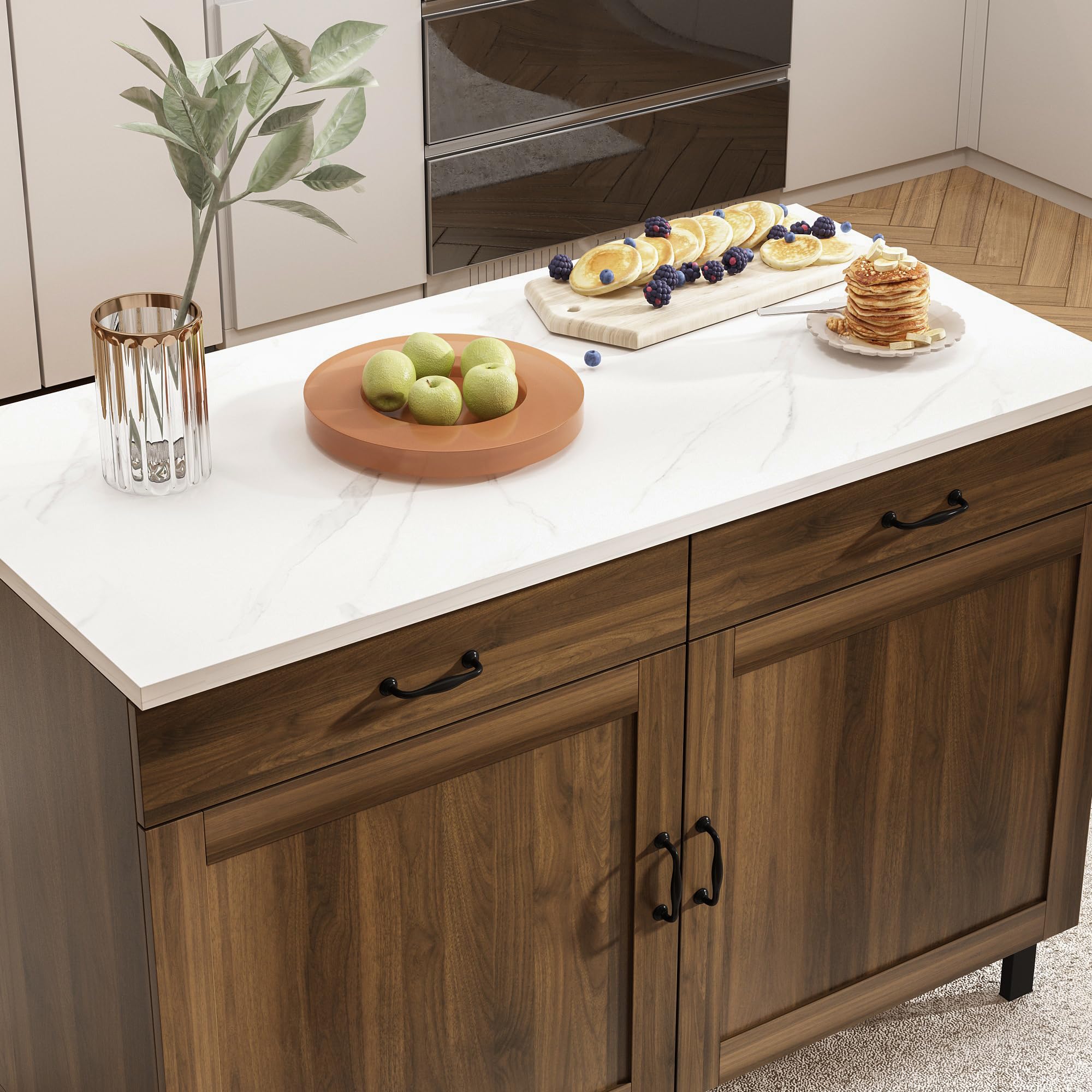 Isola cucina con piano di lavoro, armadio da cucina a cassetti, tavolo centrale con ante e cassetti, buffet marrone e bianco, 120x60x85 cm, MDF