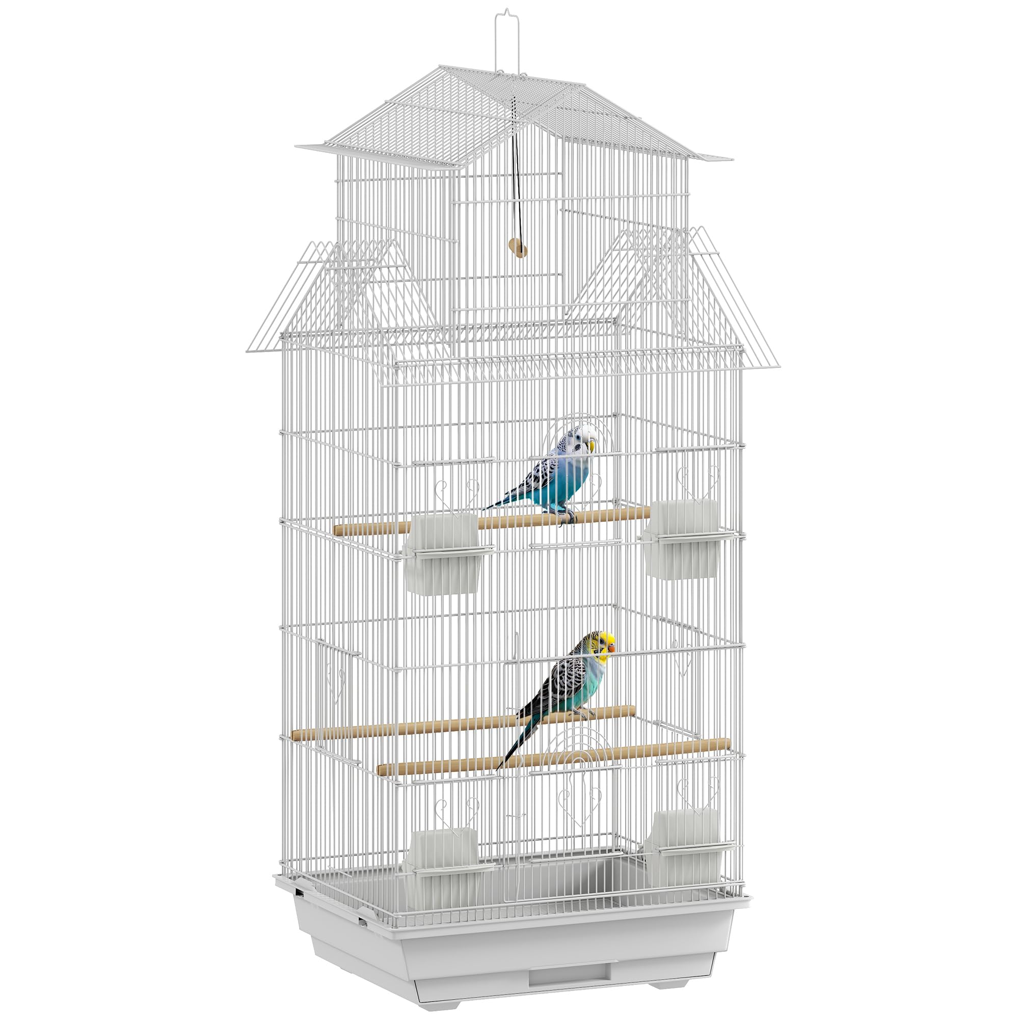 PawHut Jaula para Pájaros de Acero Pajarera con Comederos Perchas Columpio y Bandeja Extraíble Jaula Grande para Loros Canario Periquito 50,5x41x104 cm Blanco