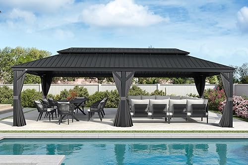 Miniatura 11 de PURPLE LEAF Gazebo grande para exteriores de 12 x 24 pies con acero galvanizado y luz para césped y jardín, glorieta permanente de techo duro, color