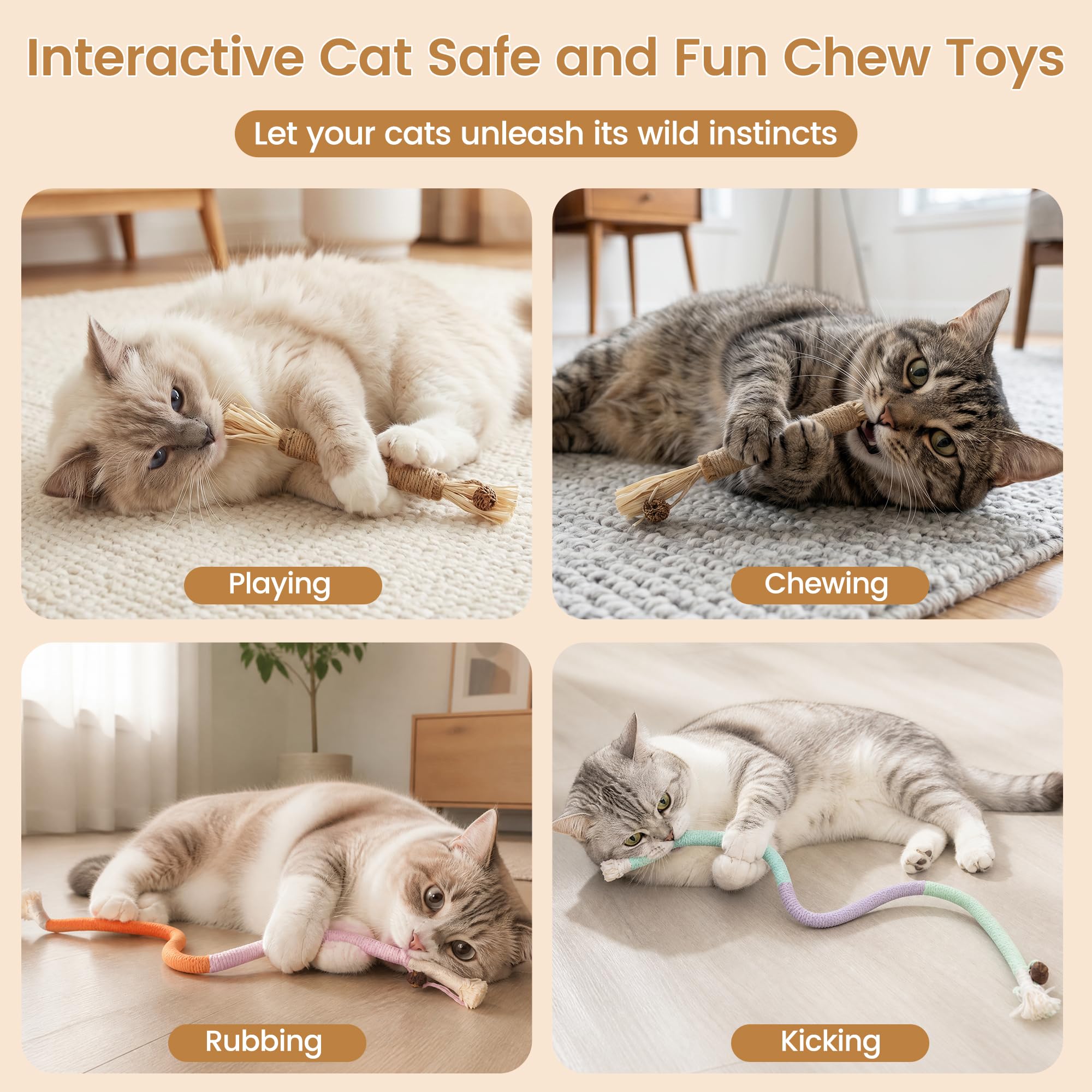 Juguetes para gatos, 7 cuerdas masticables para gatos y palos de vid plateada para gatos con hierba gatera natural y vid plateada, juguetes de limpieza segura de dientes para gatitos de