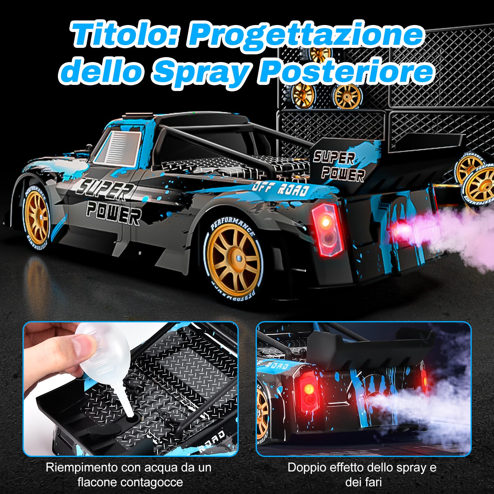 Joellfuner Macchina Telecomandata Drift, 4WD 1:14 RC Drift Car, 25km/h Auto Telecomandata con Nebbia Spray e Luce LED, RC Deriva Race Auto Giocattolo per Bambini di Età Superiore agli 8 Anni (Blu)