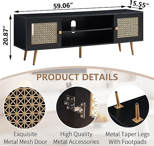 Miniatura 2 de JYED DECOR Soporte de TV de madera de mediados de siglo con estantería abierta y 2 gabinetes para televisores de hasta 65 pulgadas (nogal oscuro)