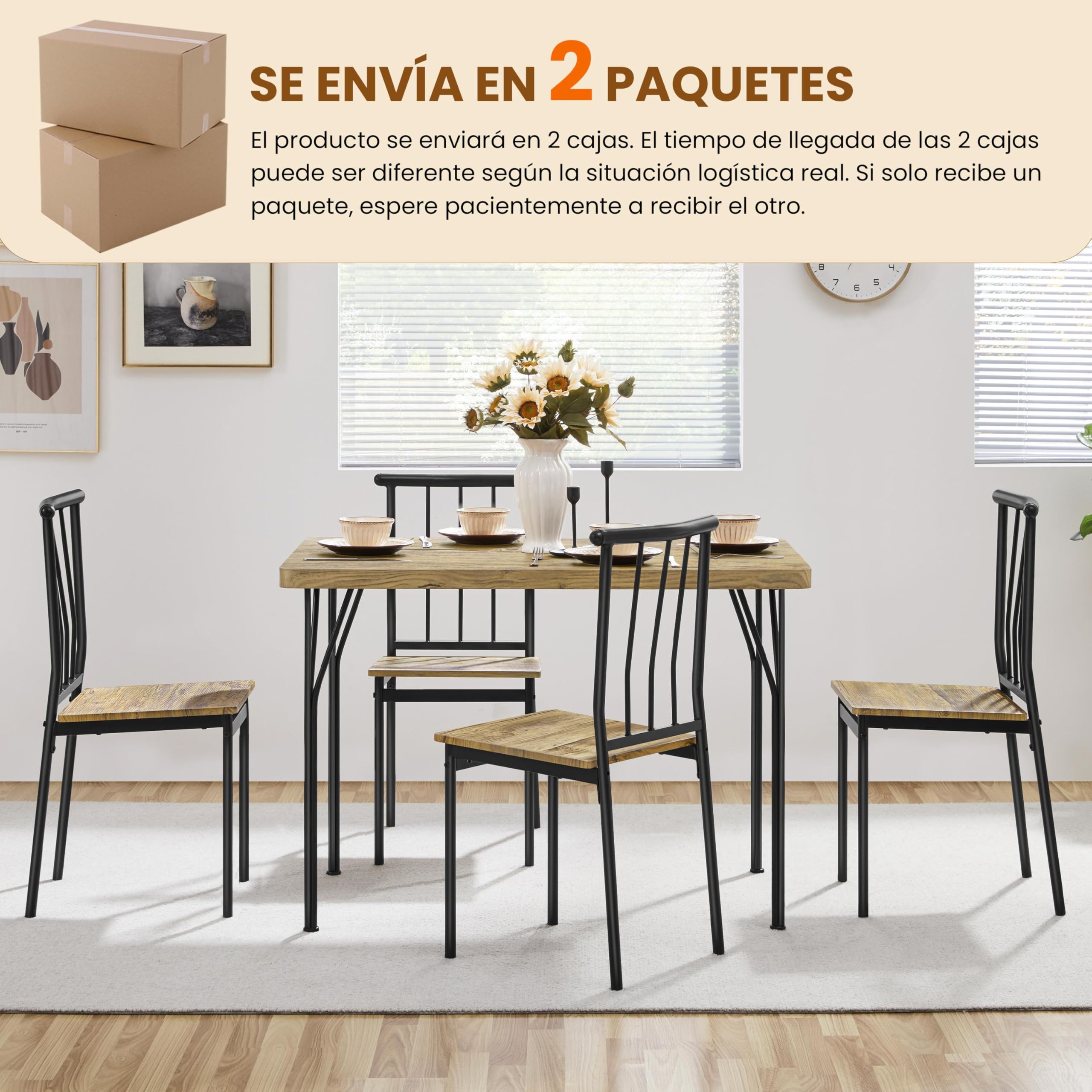 Yaheetech Conjunto Mesa y 4 Sillas de Comedor Tablero de 4 cm, Sillas Apilables, Estilo Industrial, Madera y Metal, para Cocina Pequeña, Apartamento o Terraza, Marrón, 110×70 cm