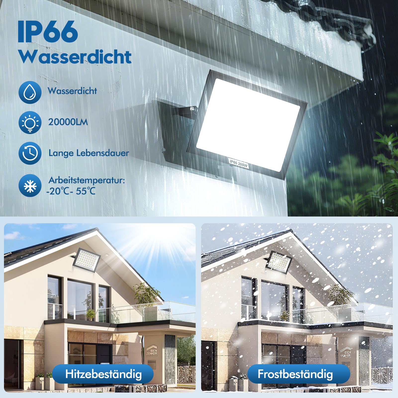 2 Stück 200W LED Strahler Außen, 6500K LED Fluter Flutlicht, IP66 Wasserfest Scheinwerfer Aussenstrahler, tageslichtweiße Wasserdicht Außenstrahler für Garten, Innenhöfe, Garage