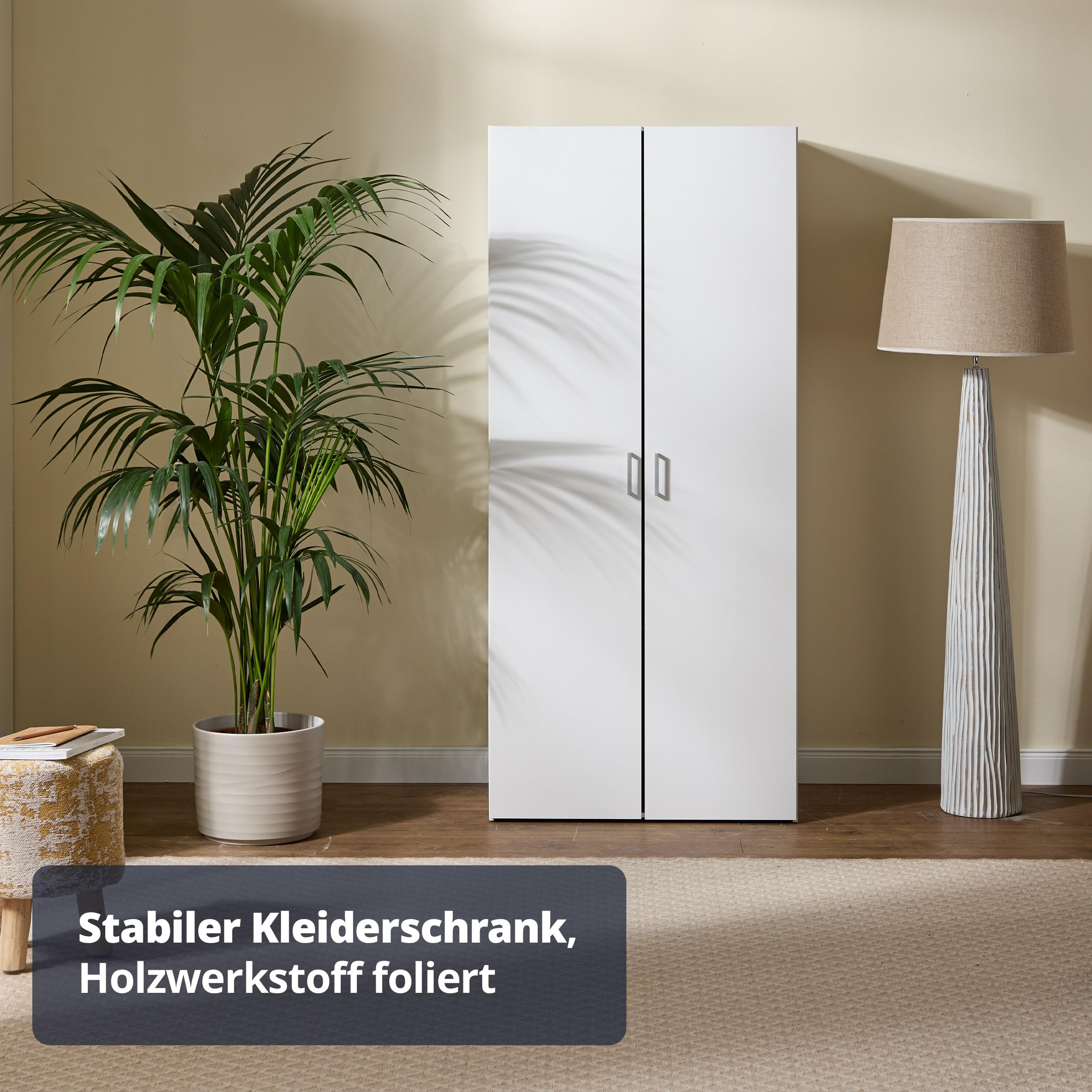 KHG Kleiderschrank weiß 2-türig Drehtürenschrank mit 1 Kleiderstange 2 Einlegeböden Bügelgriffe zeitlos