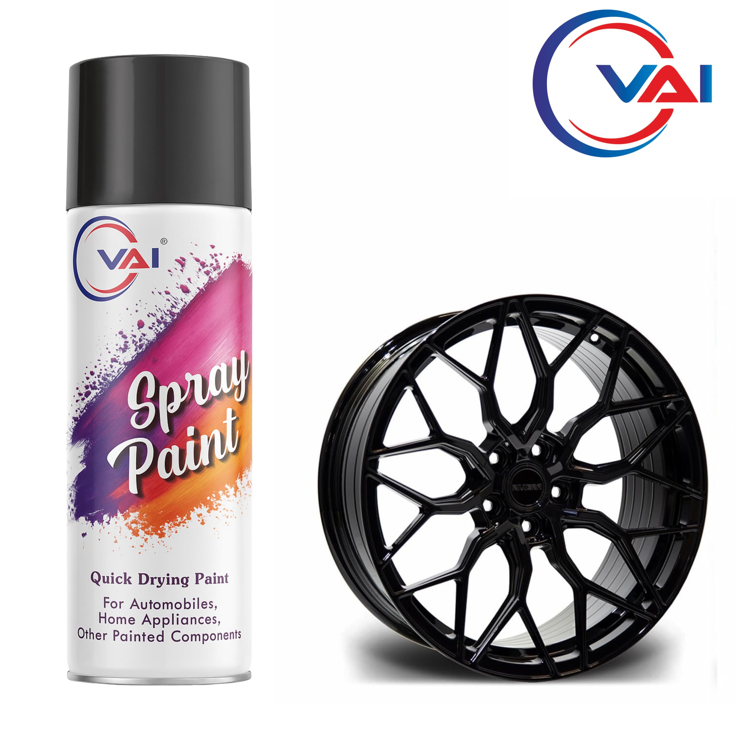 VAI Spray Paint Glossy Black - 400ml (Pack of 1) | DIY Spray Paint for Metal, Wood, Plastic, Wall | Quick Drying, High Coverage, Multipurpose 1
