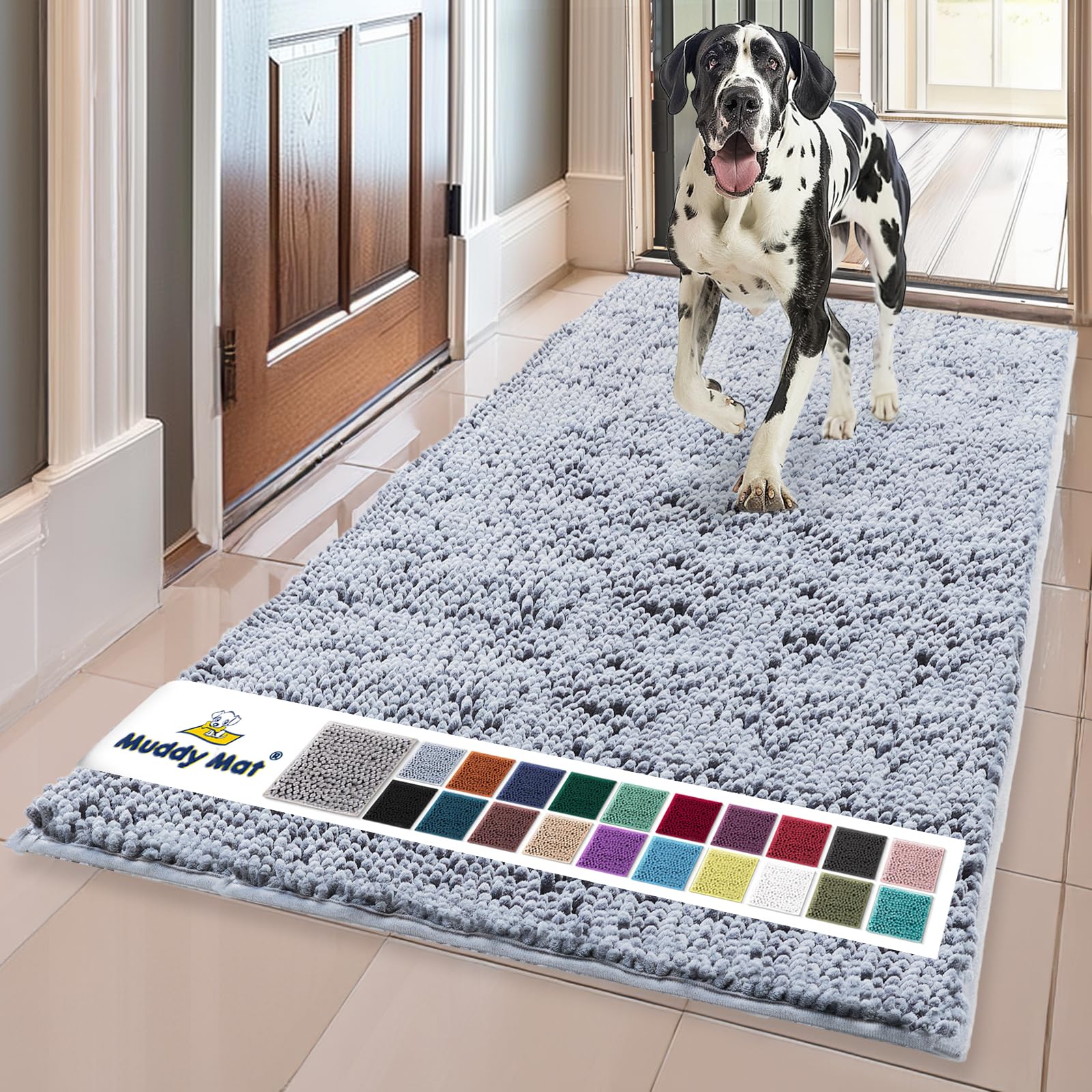 Muddy Mat® | Super Water Absorbent Door Mat Indoor, Microfiber Quick Dry Chenille Entryway Rug, Slip Resistant Front Door Mat, Indoor Mats for Entryway, Machine Washable Pet Rug, Baby Blue 24"X60"