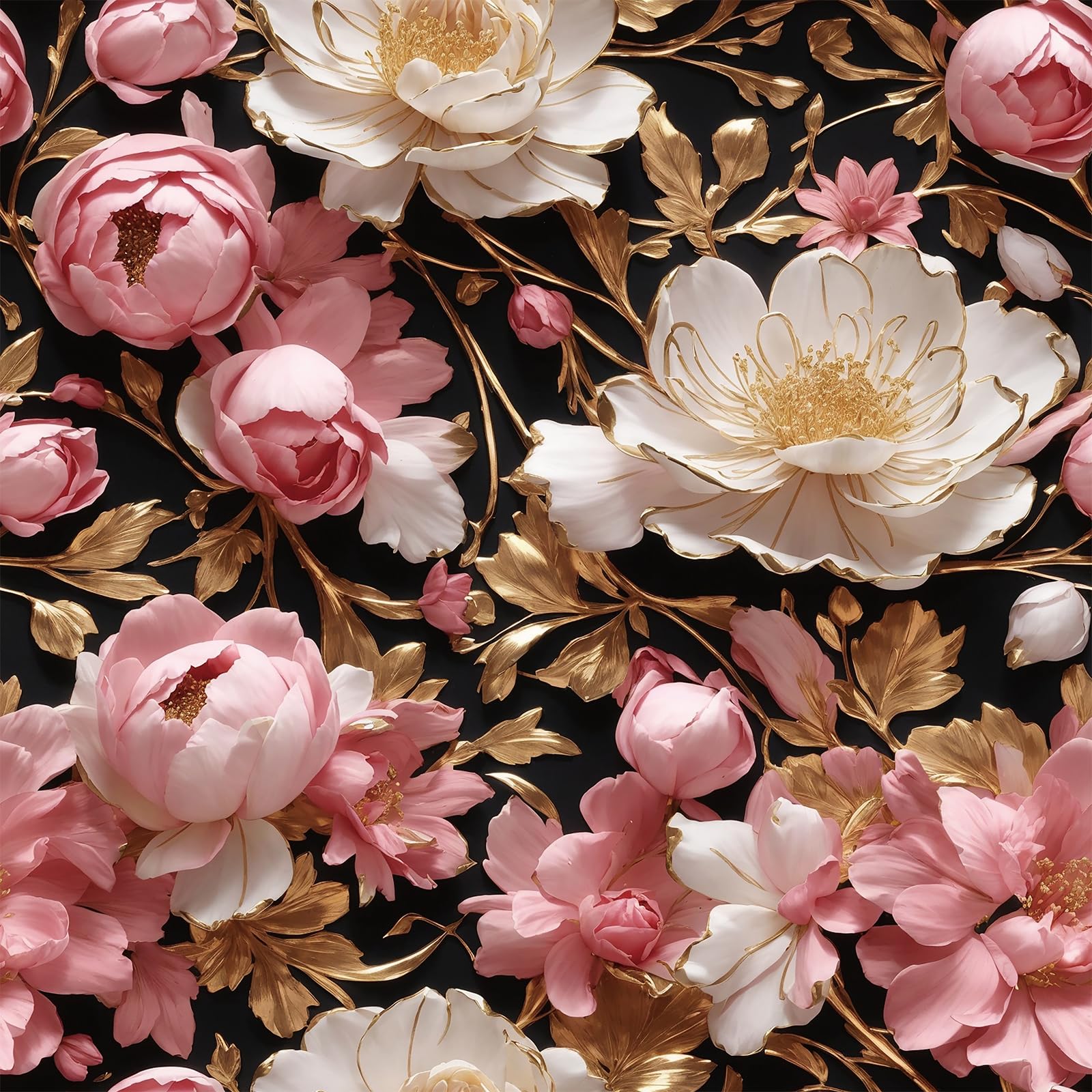 FunStick 44.5CMx9M Tapete Selbstklebend Wohnzimmer Wand Blumen Rosa und Weiß Gold Pfingstrosen Blumentapete Muster Schlafzimmer Folie für Möbel Blumen Klebefolie Schrank Schwarz Rosa Wandtapete Barock