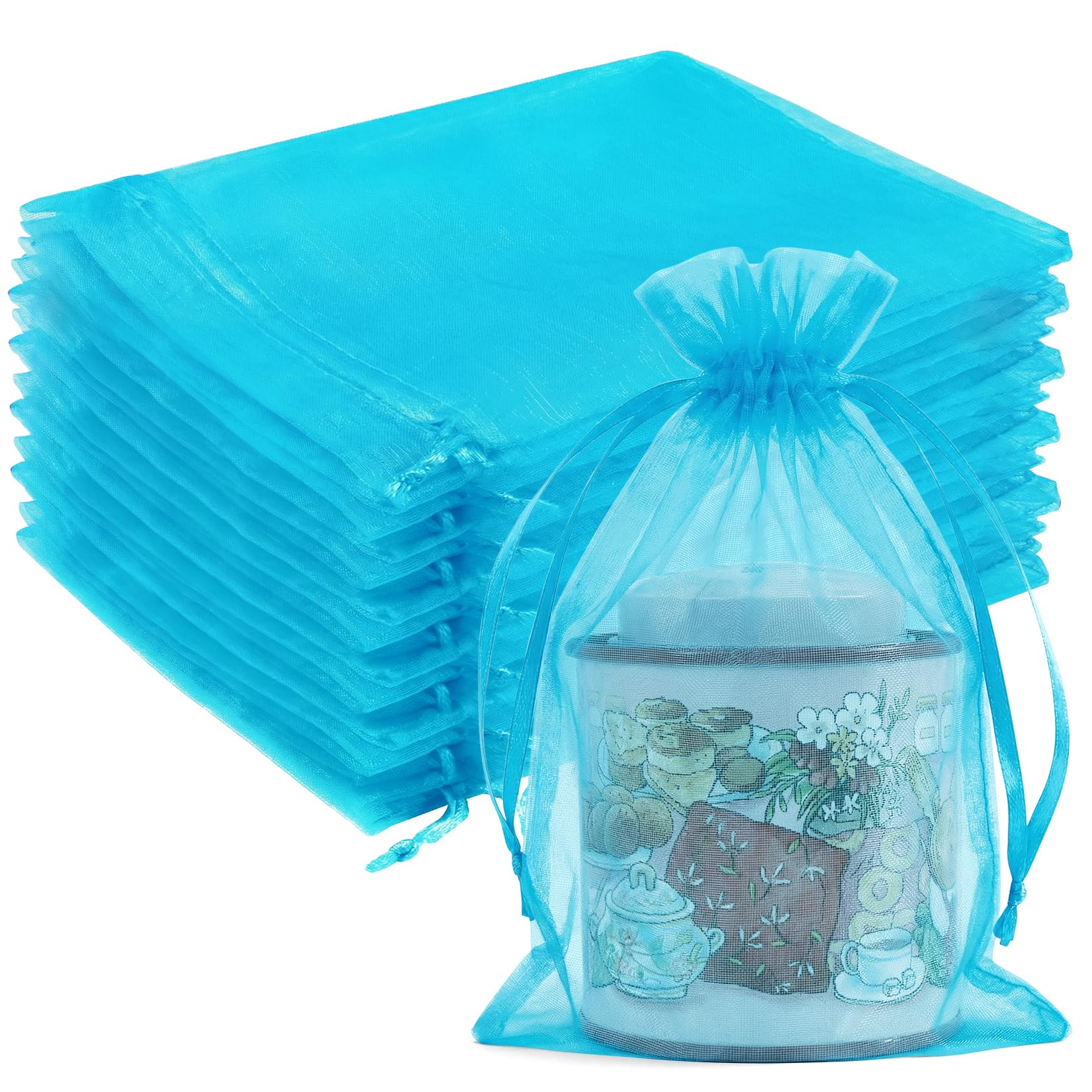 Crweety 50 Pcs Organza Bags 5x7, Lake Blue Small Mesh Gift Bags Drawstring