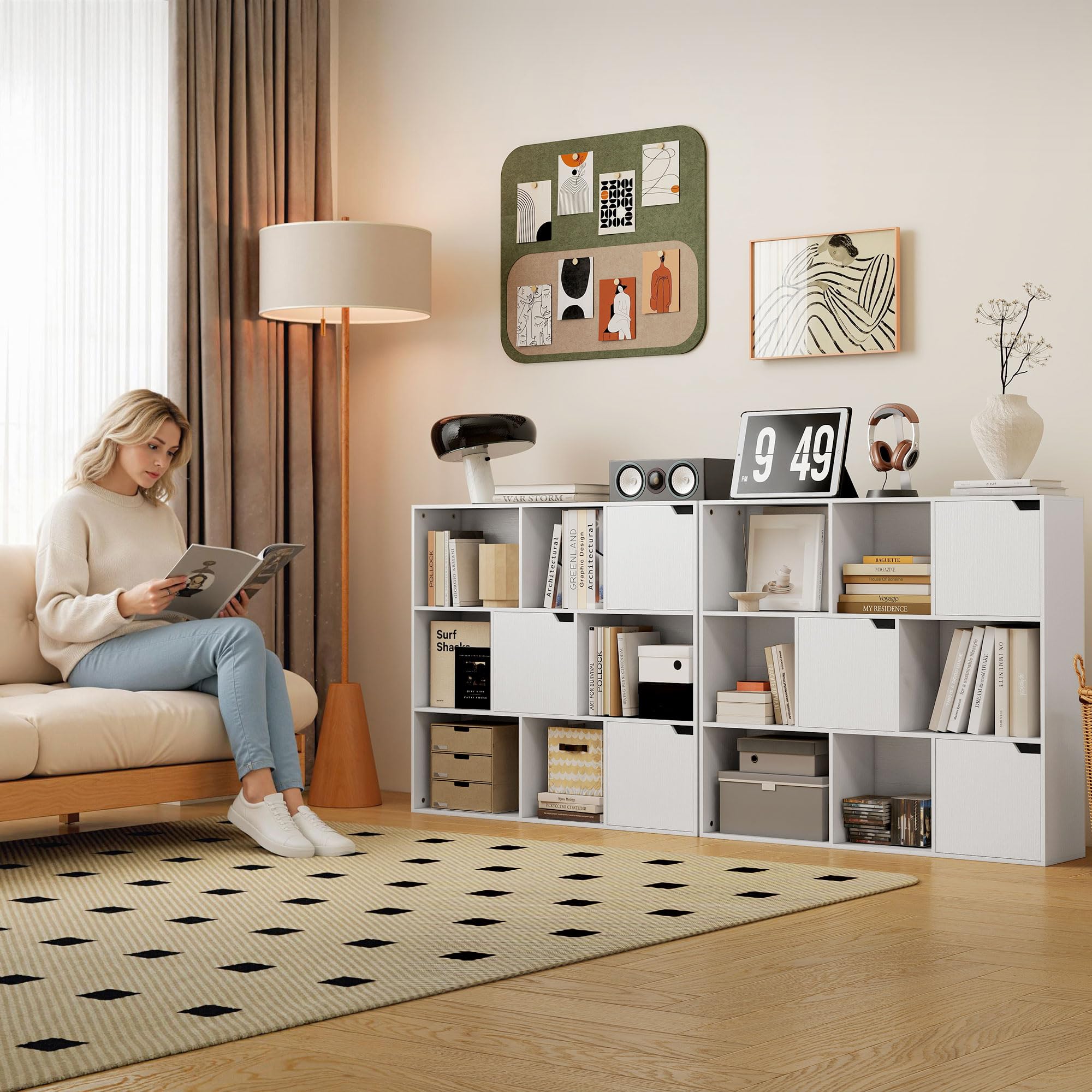 HOMCOM Regał do przechowywania, 9 kostek, 3 drzwi i 6 otwartych przegródek, nowoczesny styl, szafka do przechowywania do salonu, biura, sypialni, 106 x 24 x 95 cm, biały