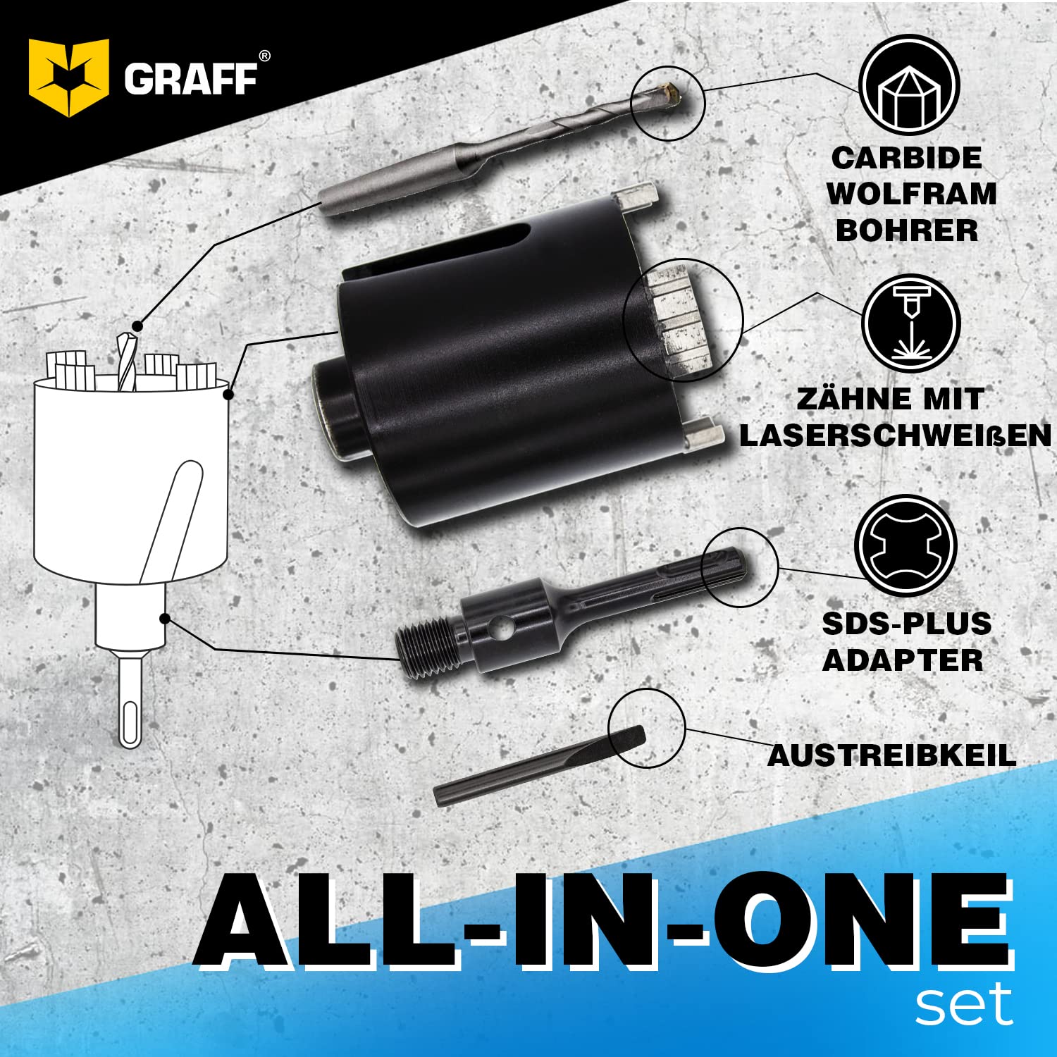 GRAFF Diamant Bohrkrone 82mm Beton Dosensenker Dosenbohrer - Diamant Bohrkronen Set für Mauerwerk Ziegel Poroton Putz Gestein - Steckdosenbohrer und Lochsäge für SDS Plus Bohrhammer