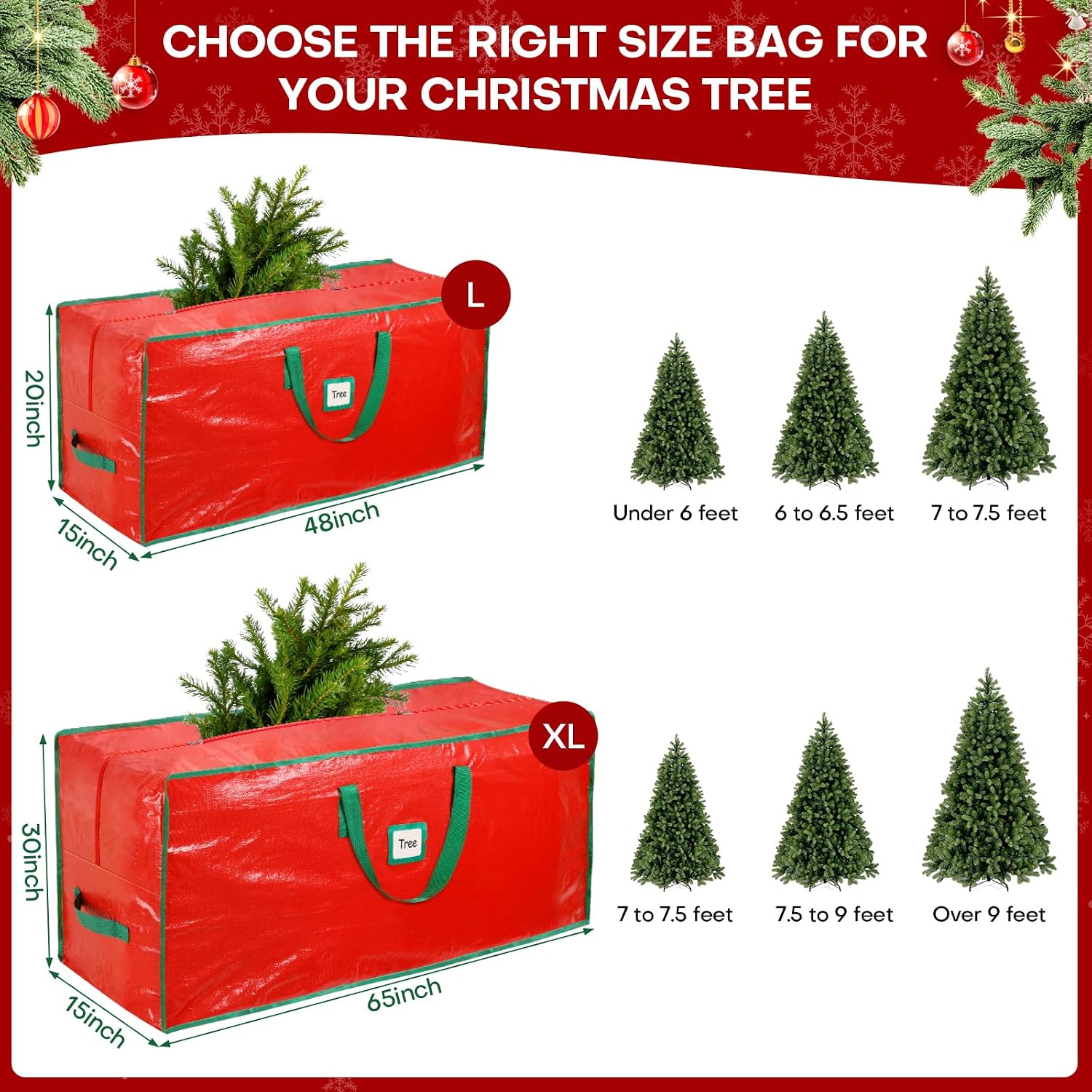 Christmas Tree Storage Bag, For 9ft Disassembled Xmas Tree, Heavy Duty Christmas Tree Storage Bag with Sturdy Handles, Tag Card Slot, Zipper, Dust-Resistant and Water-Resistant（Red）