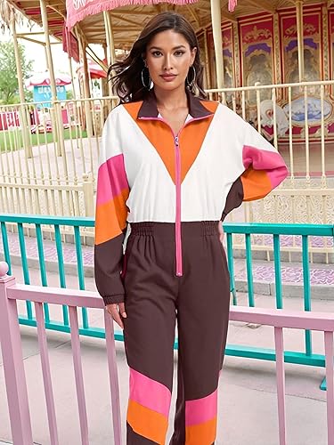 Miniatura 5 de UOUA Traje de los años 80 para mujer, disfraz de una sola pieza, traje de entrenamiento de manga larga, ropa retro para fiestas